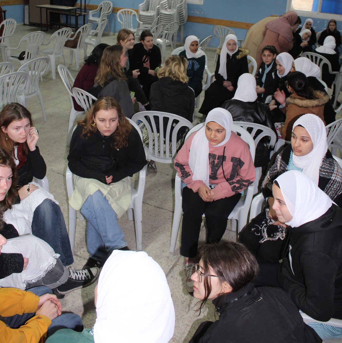 JAIPalestine's tweet photo. Day 2 of the Midtsjaellands Efterskole World Citizenship class in Palestine with the JAI. The day included a visit to Al-Khader Girls Public school, Falafel lunch, tour inside Church of Nativity, visit and guided tour inside Dhaisha refugee camp, and Palestinian home visits https://t.co/NKiwDEGVWe