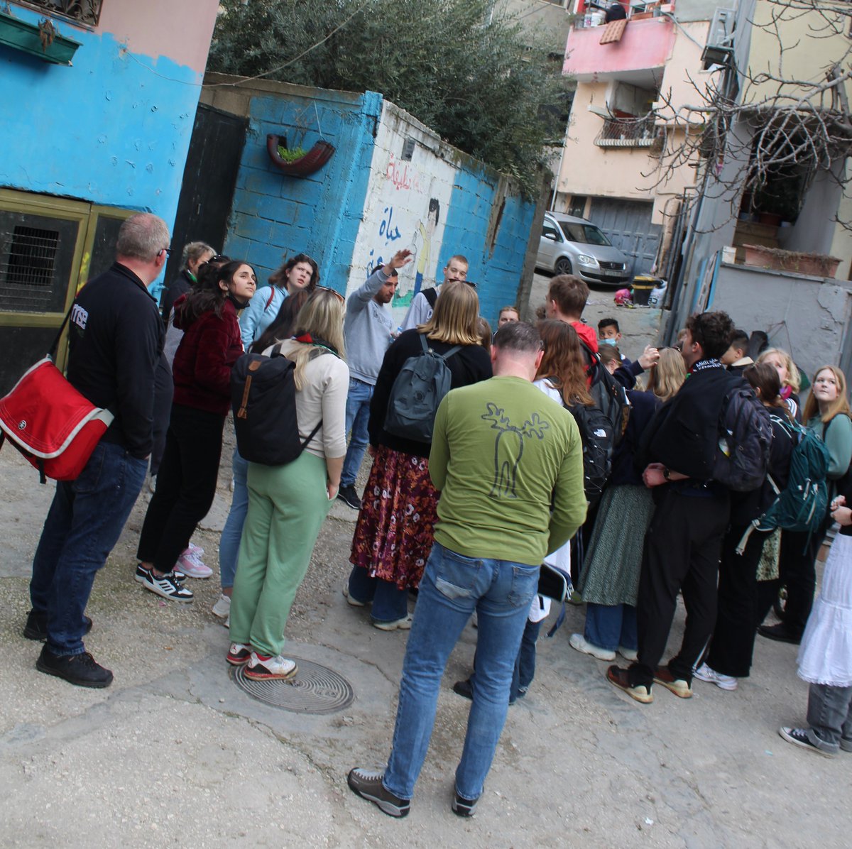 Day 2 of the Midtsjaellands Efterskole World Citizenship class in Palestine with the JAI. The day included a visit to Al-Khader Girls Public school, Falafel lunch, tour inside Church of Nativity, visit and guided tour inside Dhaisha refugee camp, and Palestinian home visits