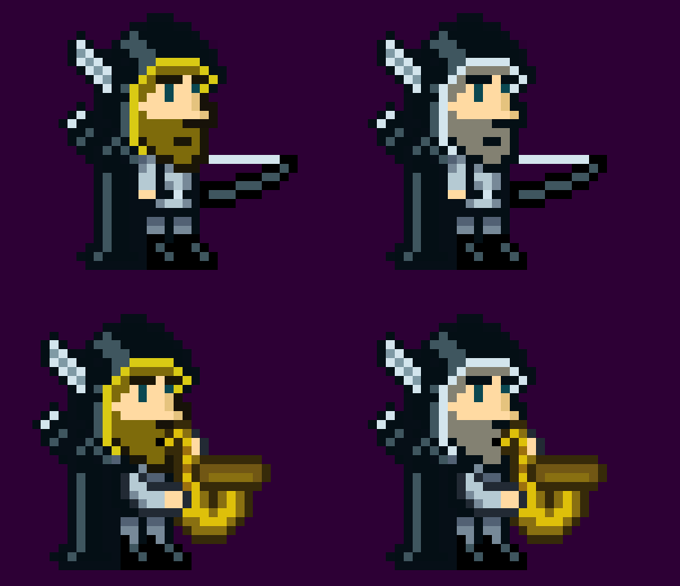 TheGoldenBow2's tweet photo. Which colors do you prefer for the new suit? 
Left or right?
#indiegame #gamedev #pixelart #IndieGameDev https://t.co/KR4DYvZRbi