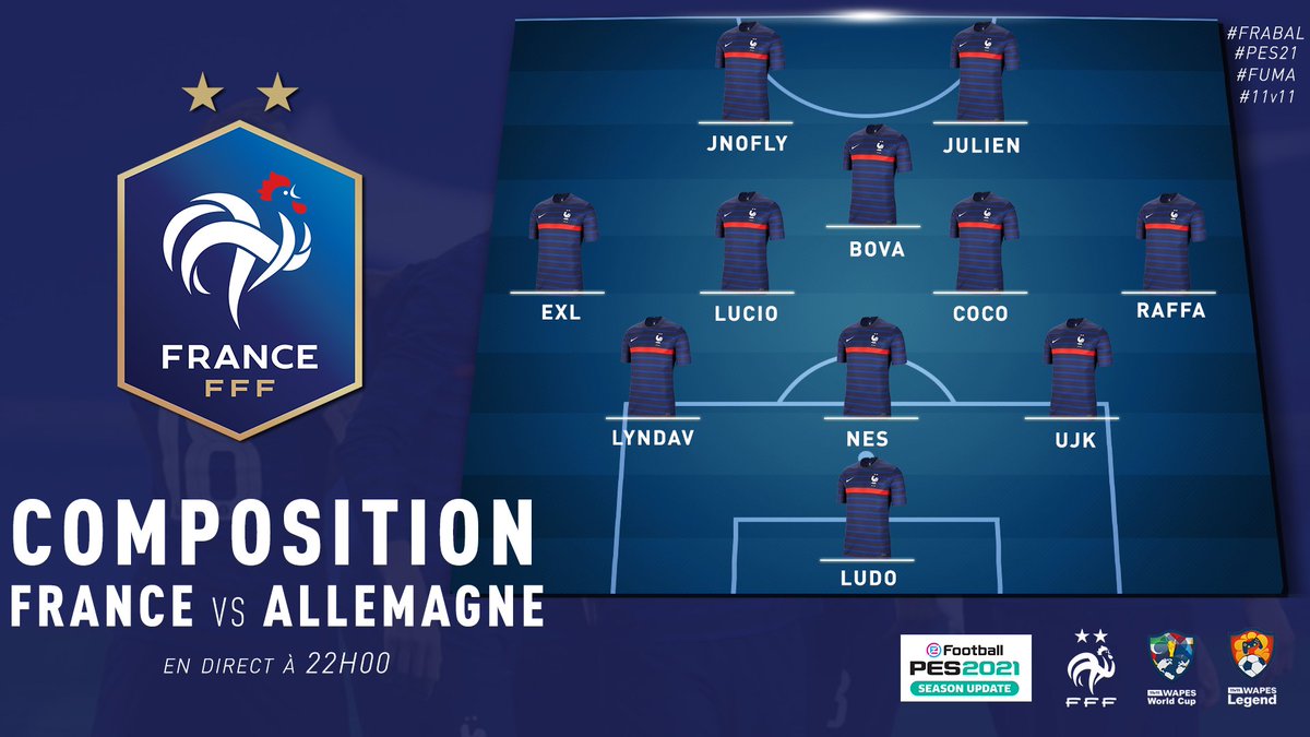 🚨 Jour de Match 🚨

Ce soir l'équipe de France joue en 1/2 finale de la <a href="/WapesLeague/">WAPES League 11vs11</a> Nations Cup contre <a href="/Germany11v11FM/">German Full Manual Federation - eFootball PES</a> 

En live et commenté par <a href="/OnizukaOfficiel/">Onizuka</a> 

Rendez-vous à 22h00, Venez nombreux soutenir la France 🇫🇷🇫🇷🇫🇷

➡️twitch.tv/onizukaofficiel

#PES21 #11vs11 #FUMA