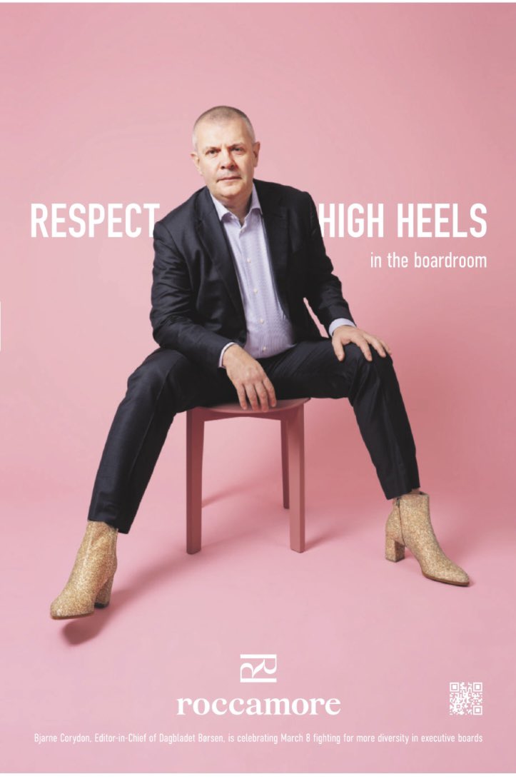 Kildegaardens's tweet photo. Veludført annonce i morgendagens Børsen, hvor chefredaktør Bjarne Corydon optræder i høje hæle i kampen for flere kvinder i danske bestyrelser 👠 https://t.co/940RASML0F