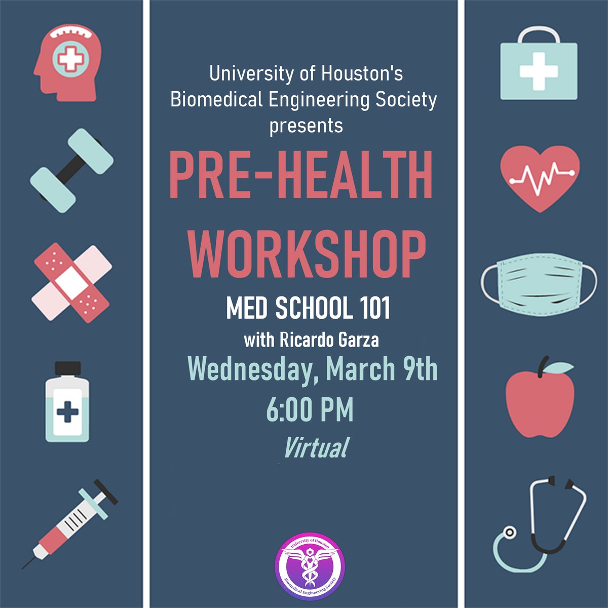 Zoom Link: uh-edu-cougarnet.zoom.us/j/95667894801?…

Interested in going to medical school? Join us for a Pre-Health workshop on the 9th of March, at 6:00 pm. We will be having guest speakers come in and talk about their experience when thinking about and applying to med school!