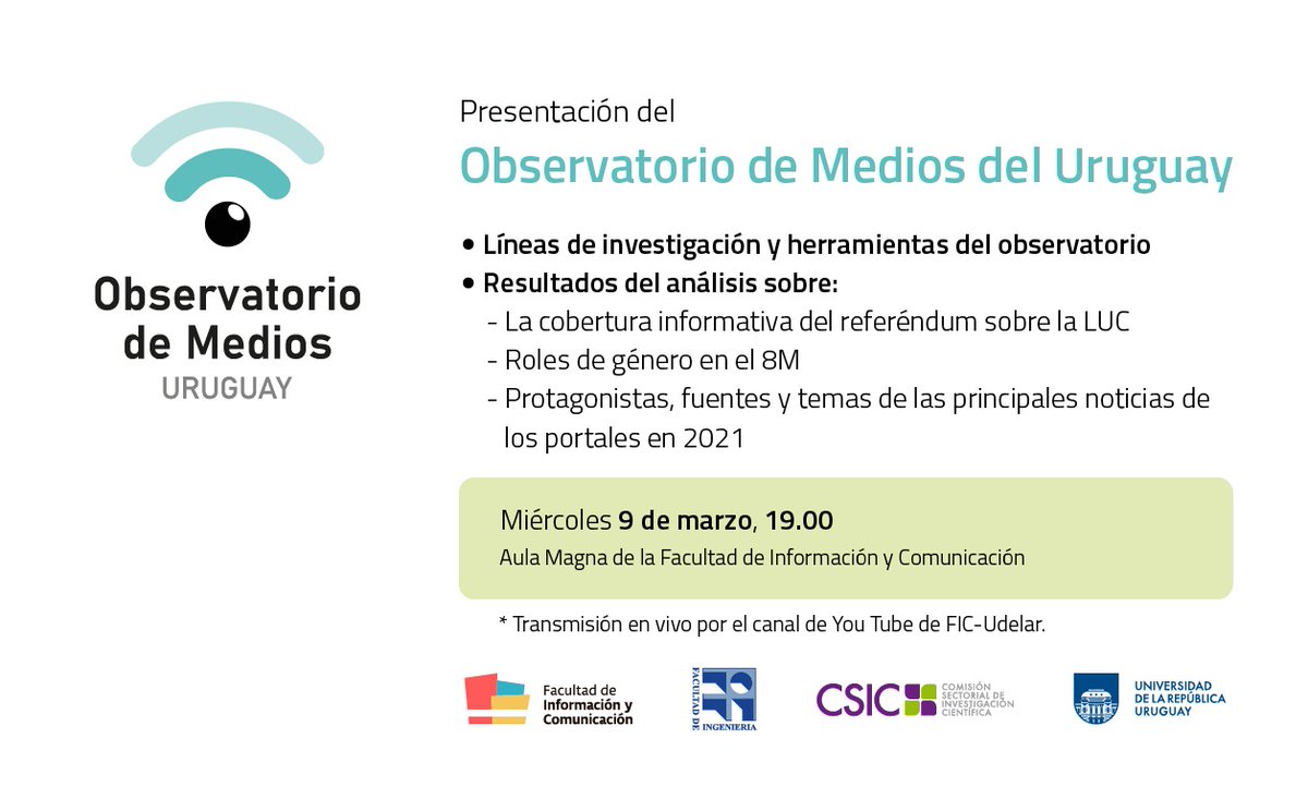 Hola! El próximo miércoles 9 de marzo, en el Aula Magna de la FIC-Udelar, estaremos lanzando el Observatorio de Medios del Uruguay. Allí les contaremos algunos resultados de las investigaciones que realizamos. Ojalá puedan acompañarnos!