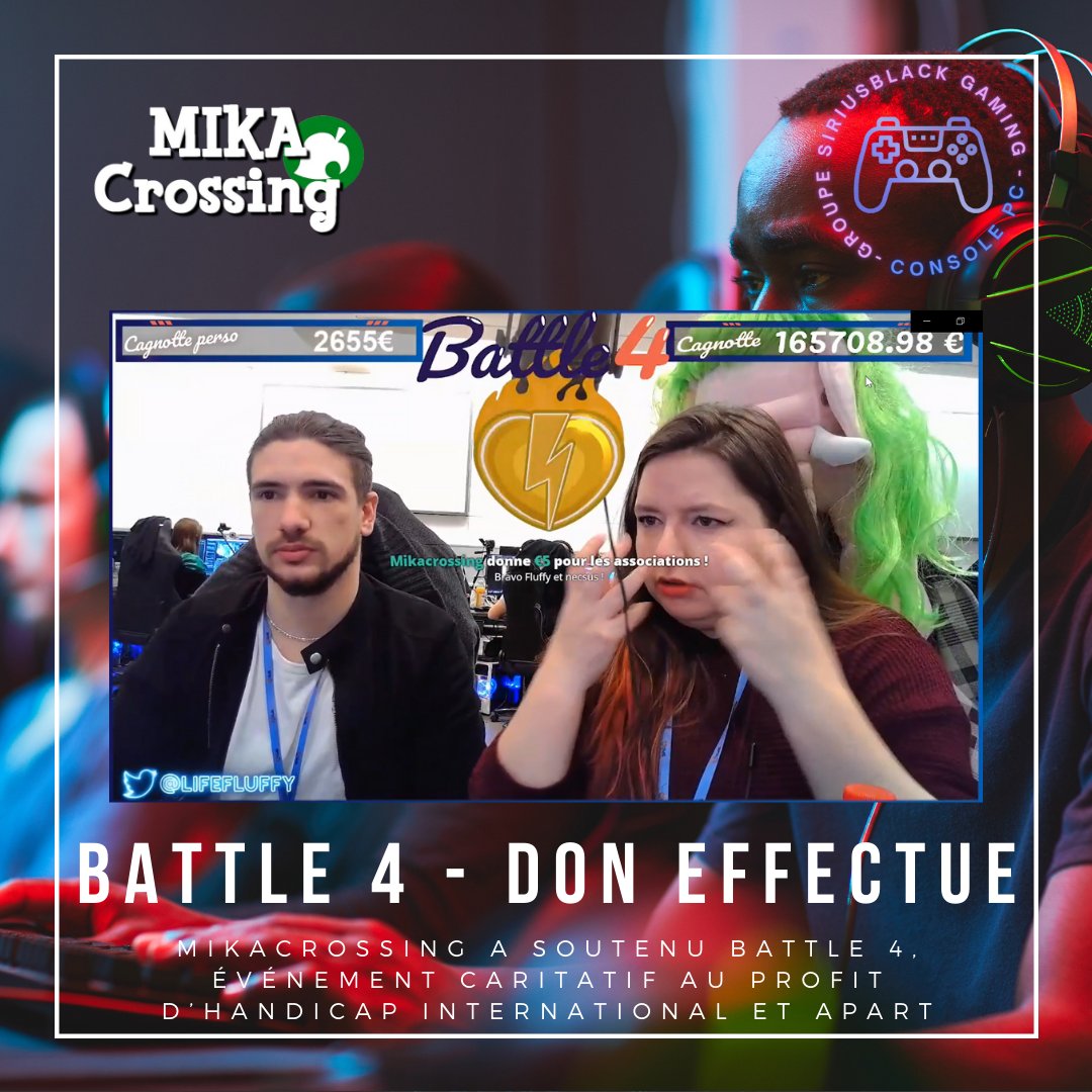 Mikacrossingfr's tweet photo. 💻BATTLE 4 💻
Mikacrossing a soutenu l'événement caritatif, BATTLE 4, au profit d’Handicap International et Apart, devant le stream de @LifeFluffy 
Merci à elle et aux nombreux streamers ! 
@Battle4Event @HI_france @apartassoc #battle4 https://t.co/1PyguKUrs6