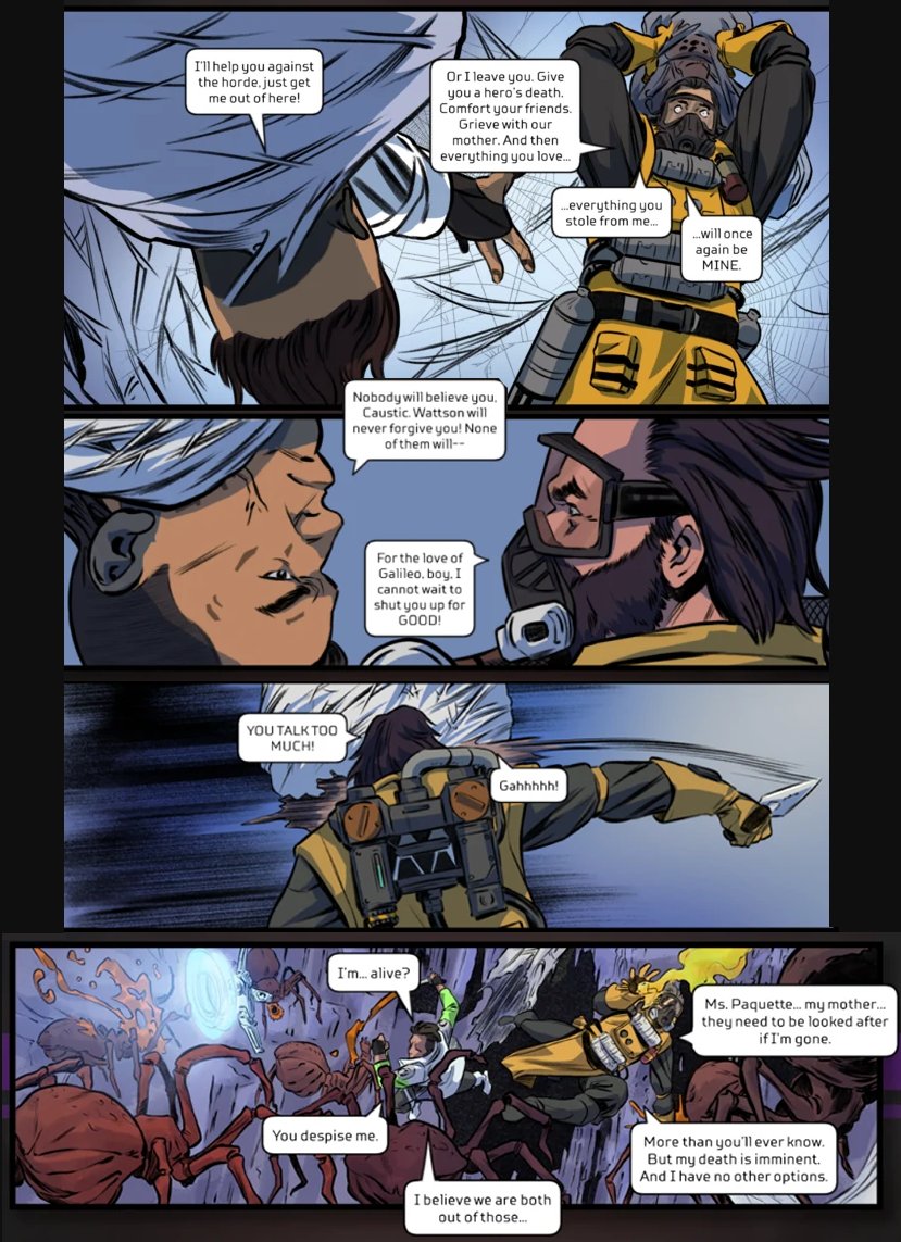 so, caustic and crypto depart on an adventure alongside a few other legends  to find a cure for the eye-bleeding-coma-inducing plants overtaking  olympus. caustic faces his hatred for crypto and saves his