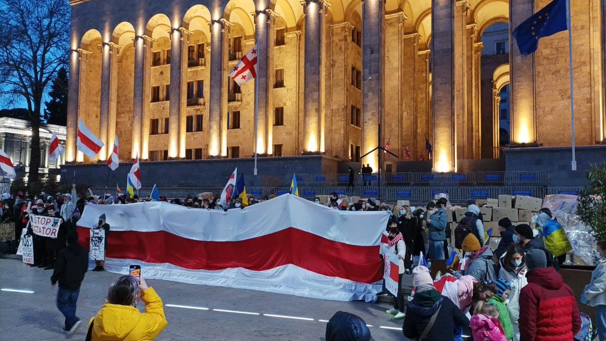 Tsihanouskaya's tweet photo. The Belarusian diaspora continues to hold actions of solidarity with Ukrainians – in 🇧🇪🇬🇪🇩🇪🇵🇱🇷🇸🇫🇷, and many other countries. We don't want this war. We don't want any missiles &amp; military aircraft launched from the territory of our homeland. We #StandWithUkraine. https://t.co/eYULK8VVbv