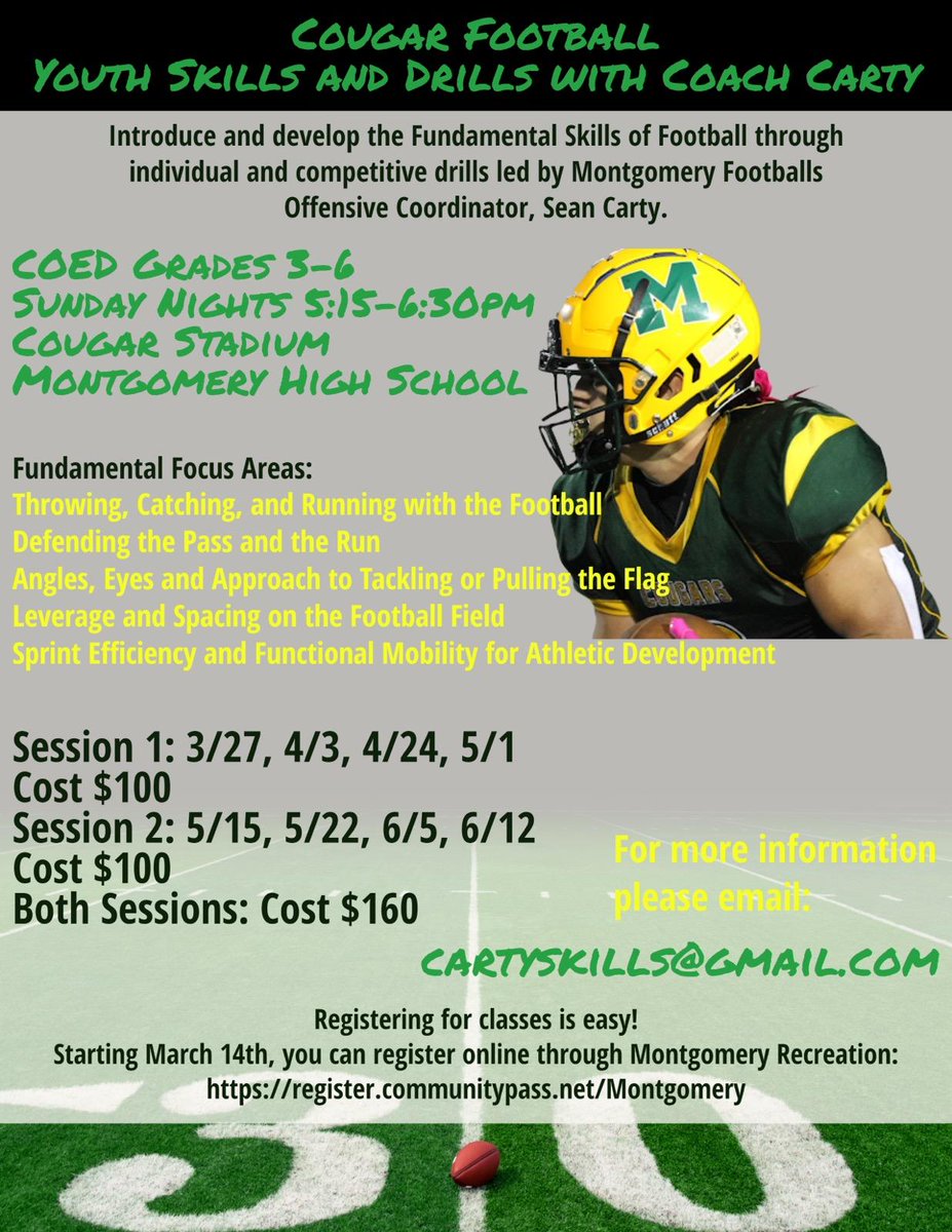 Zoran Milich (@footballmonty) on Twitter photo Excited to bring to you this football opportunity this spring! Registration is live March 14th!
register.communitypass.net/Montgomery
<a href="/MontyRec/">MontgomeryRecreation</a> Excited to bring to you this football opportunity this spring! Registration is live March 14th!
register.communitypass.net/Montgomery
<a href="/MontyRec/">MontgomeryRecreation</a>