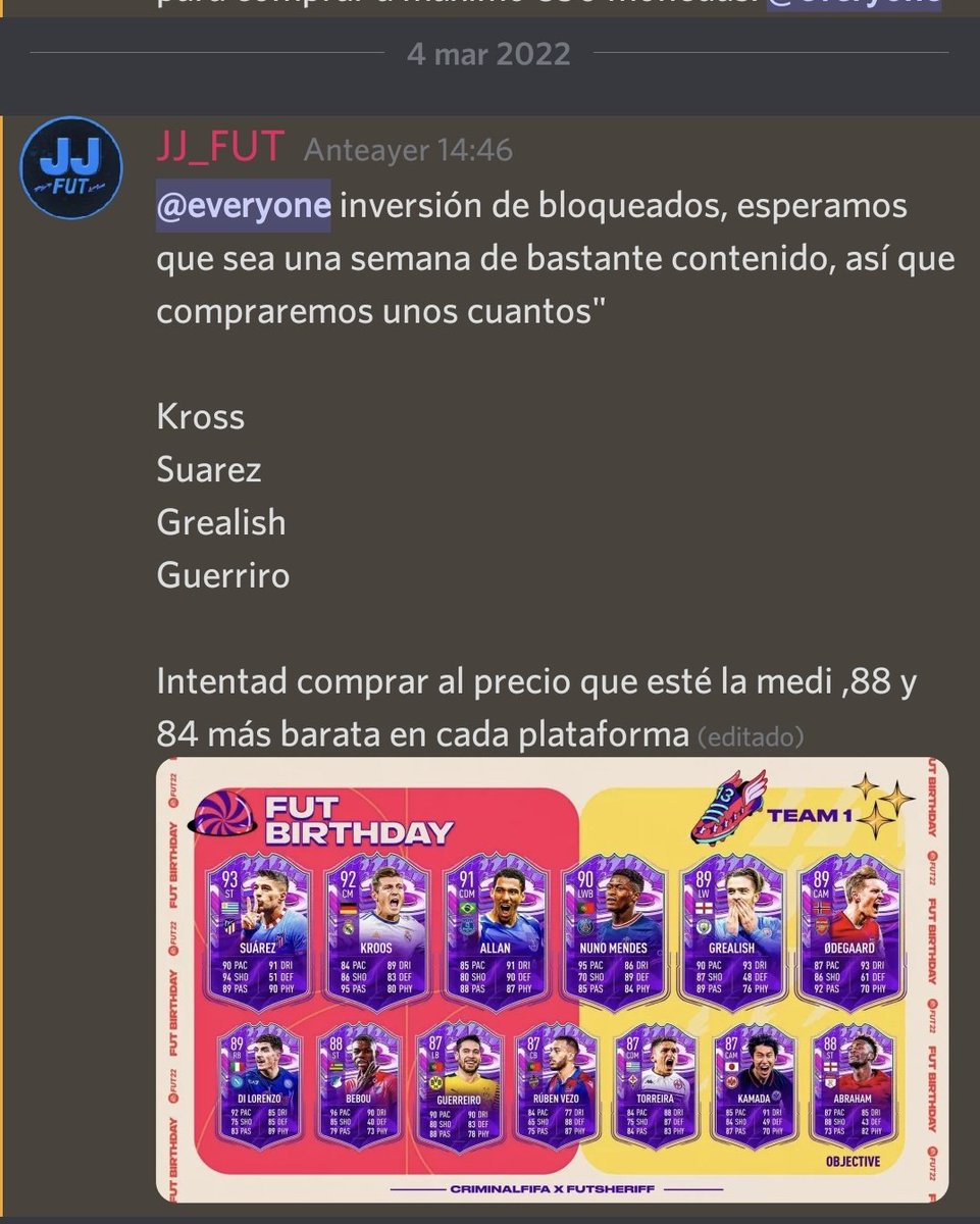 JJFUT3's tweet photo. FOOOODDAAAAH, solo 2 días de aguante:

✅️Kross de 32 a 43
✅️Grealish 5.3 a 8.3
✅️Suárez 31 a 38

💰Tradeos seguro para todo tipo de presupuestos. 

Pd: Lo hemos hecho más veces pero no quiero presumir de esto, 0 de IQ 

#FIFA22 #MONEDAS #FUTBIRTHDAY #TRADEOFIFA #DISCORD https://t.co/c5ReTBHAOe