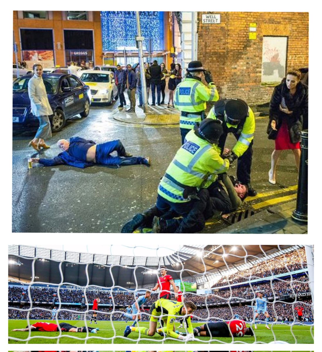 What a great tribute to this iconic image. #mcfc #mufc #ManchesterDerby <a href="/ManCity/">Manchester City</a>