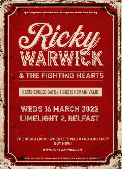 Share the poster for a chance to win a pair of tickets to see Ricky Warwick in Limelight 2, Belfast on 16th March.
You can also enter on our Facebook page. A winner will be picked on Friday 11th March.