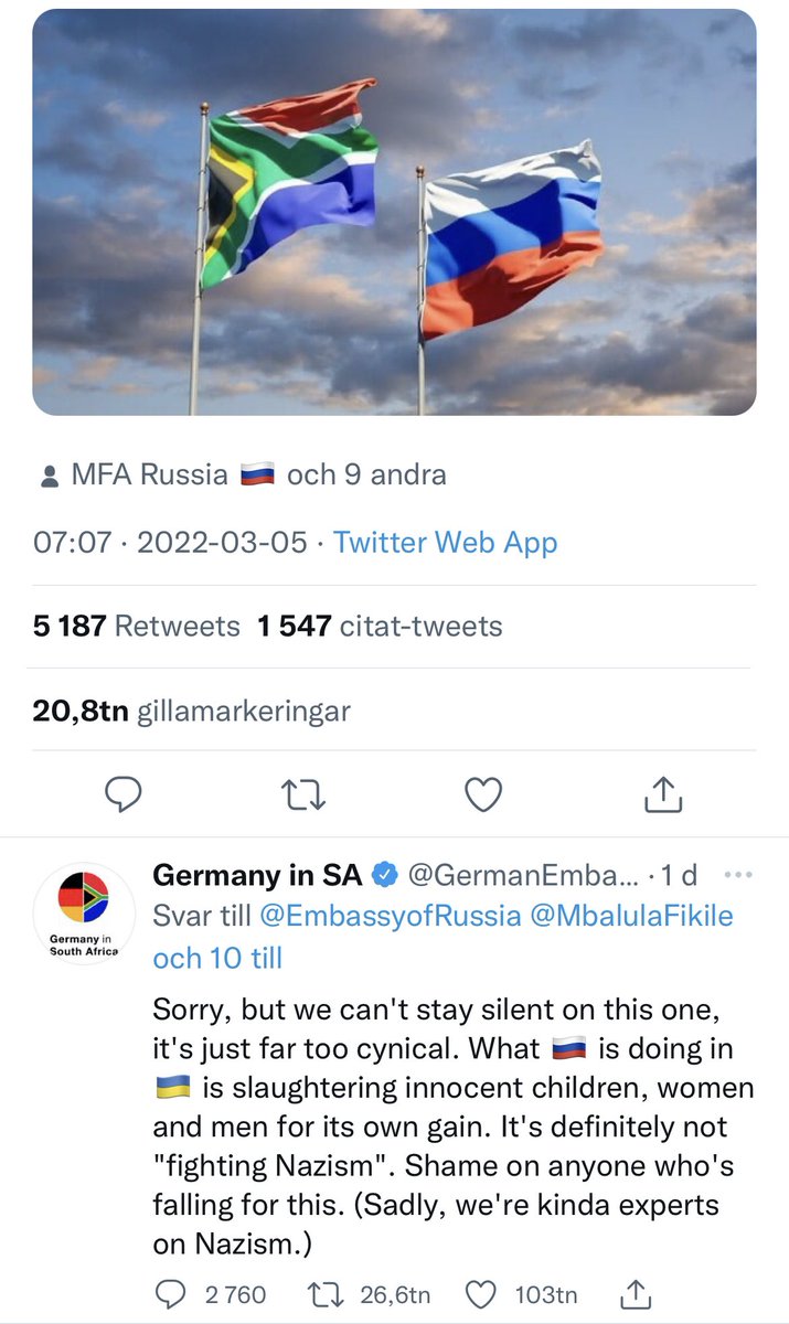 Den tyska ambassadens svar på det ryska tacket till Sydafrika sprids som en löpeld.