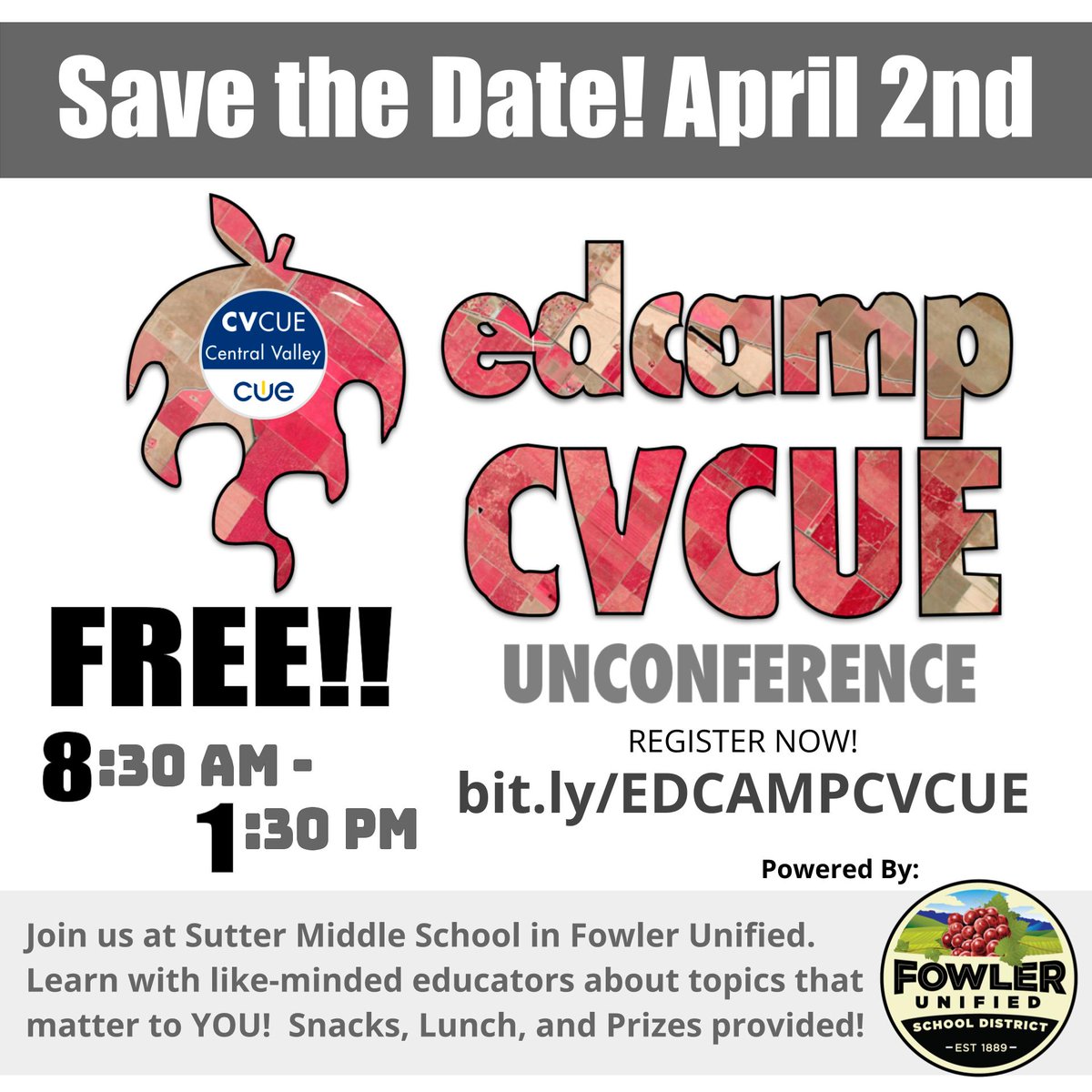 All educators invited to CVCUE EdCamp Unconference, April 2nd at Sutter Middle School in Fowler. Learn with like-minded educators about topics that matter to YOU!  Snacks, Lunch, &amp; Prizes provided! Register: bit.ly/EDCAMPCVCUE #somoscue @cueinc #wearecue #cvtechtalk
