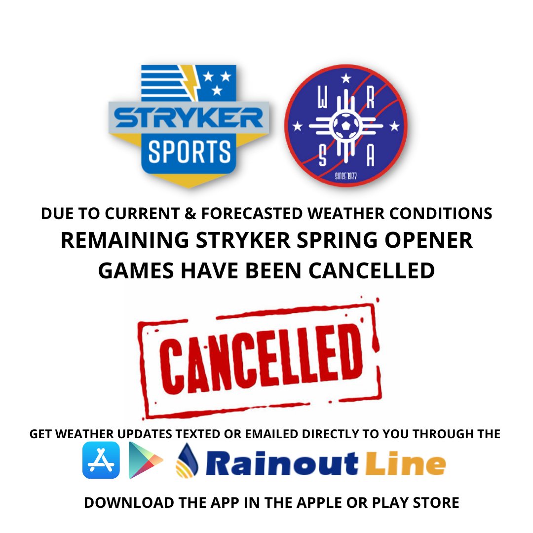IctWrsa's tweet photo. (1/2) *Canceled* For the safety of our players and due to current conditions and predicted forecasts, the remaining Stryker Spring Opener games have been cancelled. https://t.co/DC1k7sYPjw