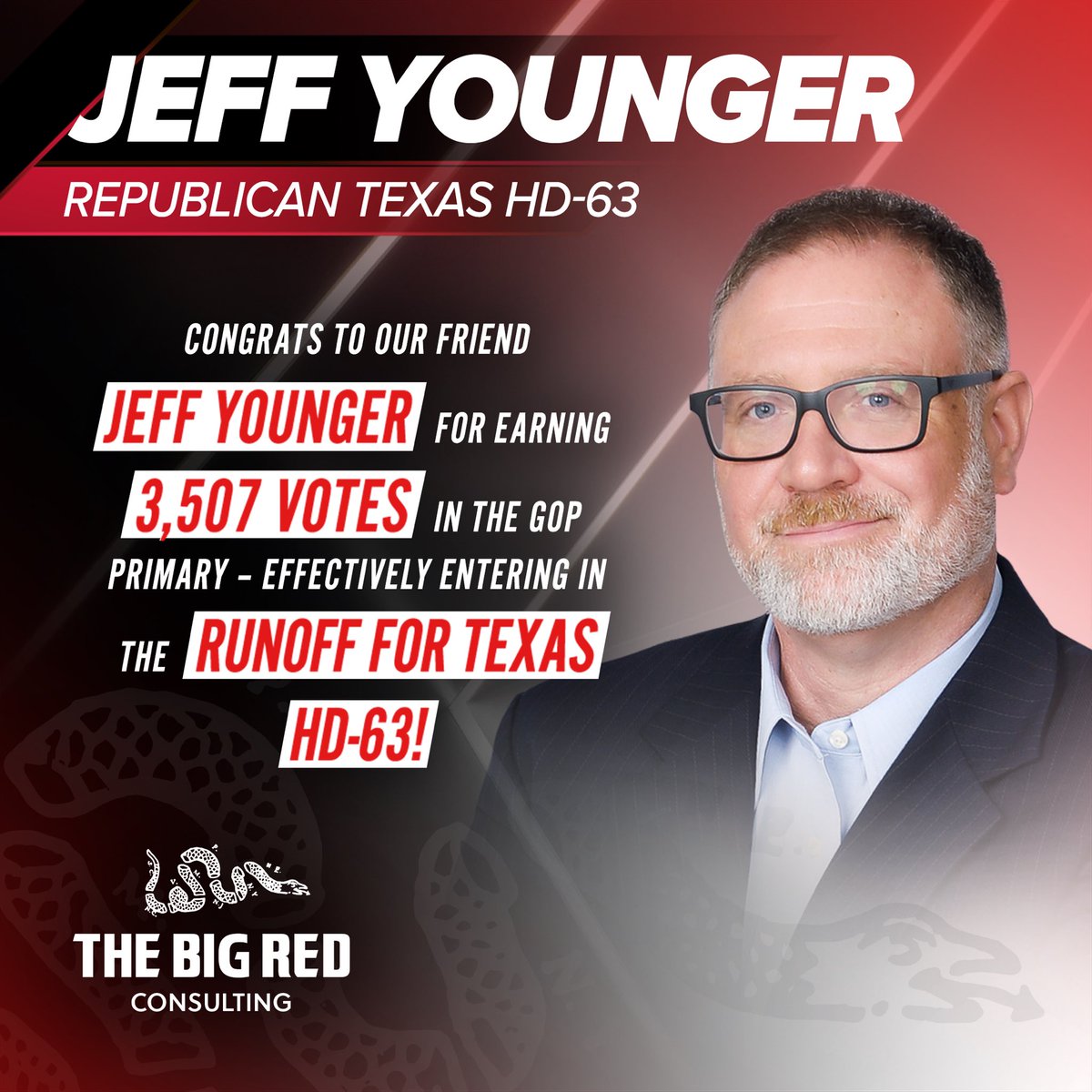 TheBigRedCo's tweet photo. We celebrate @JeffYoungerTex advancement  forward in the Texas House District 63 race for his fight against child exploitation, suppression of free speech, and kangaroo courts. #TheBigRedCo #JeffYounger #SaveJames https://t.co/27OEp36sZm