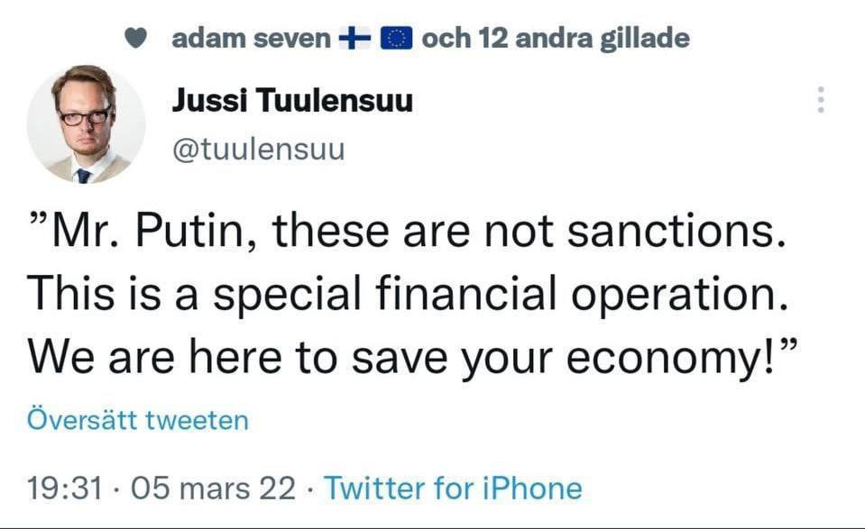 SputnikATONews's tweet photo. Мистер Путин, это не санкции, это специальная финансовая операция. Мы спасаем вашу экономику😃
😂 https://t.co/uj6eWfNZWN