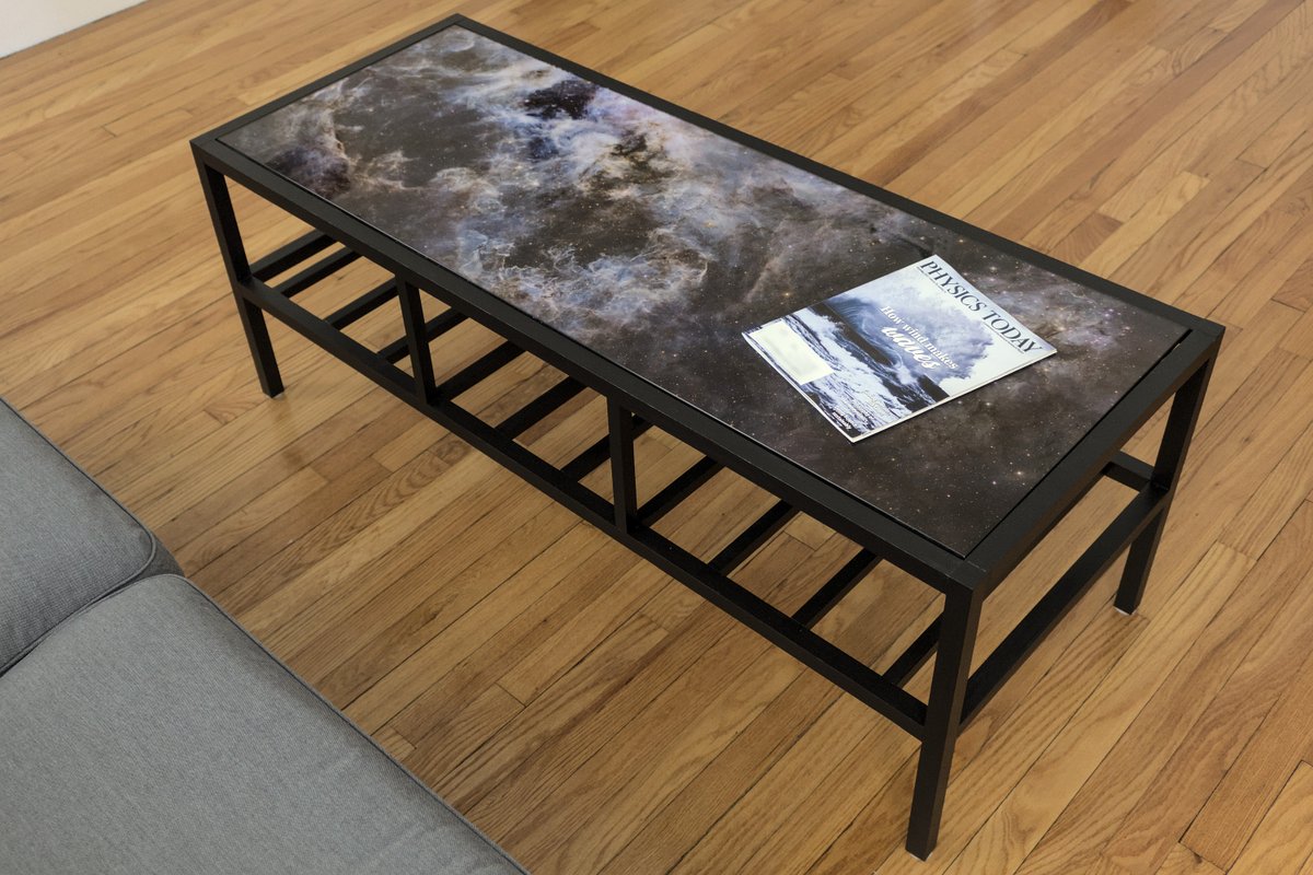 petroffm's tweet photo. I decided to build myself a coffee table with a @NASAHubble image of the Tarantula Nebula epoxied below the glass: https://t.co/GWkGrZYxcb https://t.co/YeNjgIdu7l