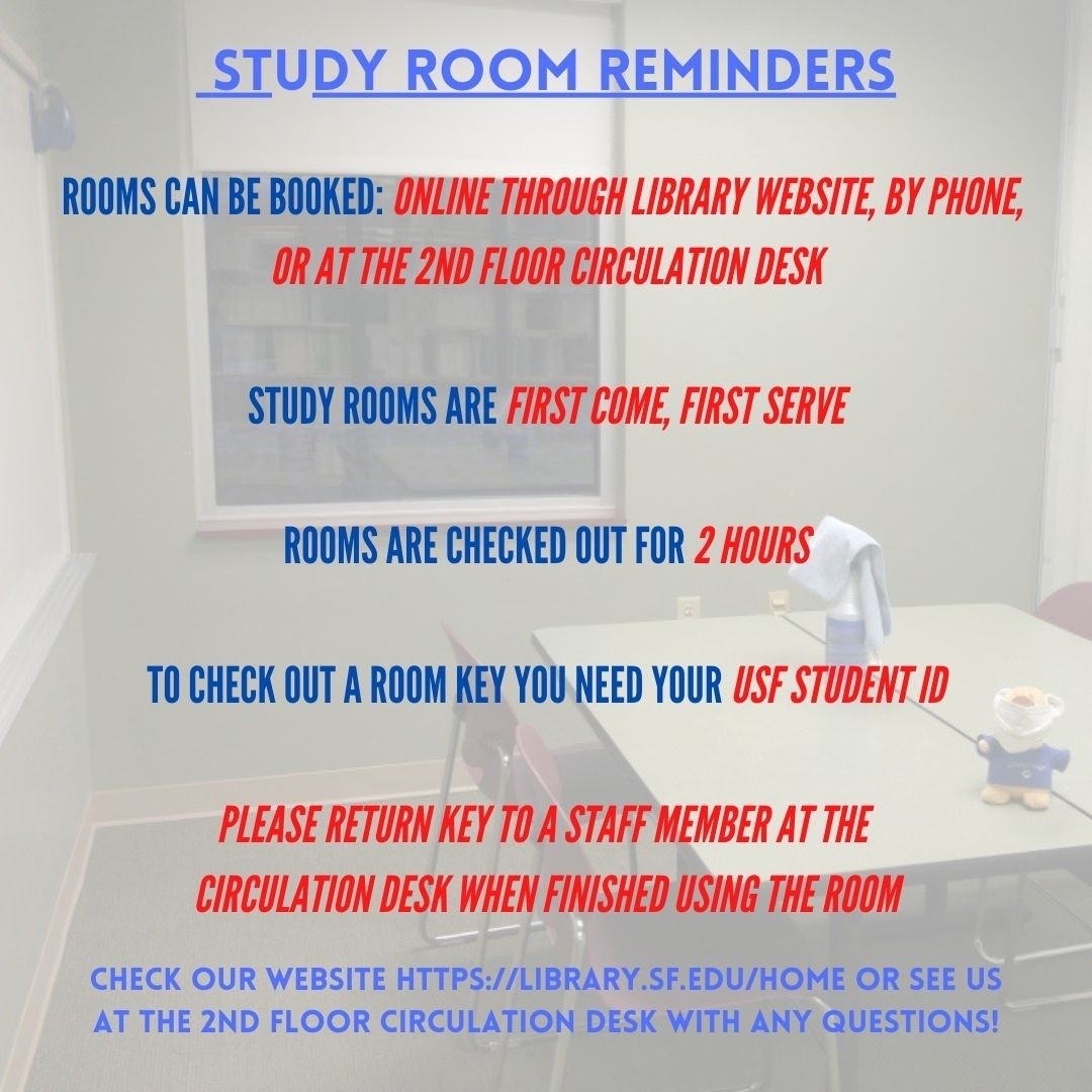 usfvannlibrary's tweet photo. FINALS ARE NEXT WEEK! Booking a room ahead of time is best! For additional questions on study rooms, check out our Study Room policy here:
https://t.co/EHvsuw4gWy
#vannlibrary #studyrooms #finals #study
#studyspaces @USFFW https://t.co/LrjRU8qXcW