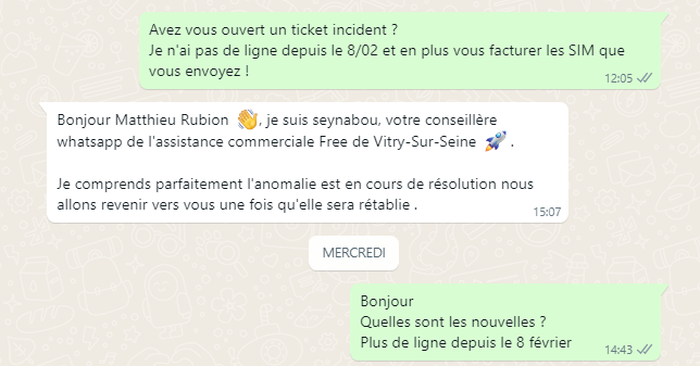 MatthieuRubion's tweet photo. @free   
Mon fils n'a plus de ligne téléphonique suite nouvelle SIM le 8 février et FREE nous invite à patienter ! Ca fait 1 mois que j'appelle le 3244, le WhatApps et même en boutique, mais incompétence complète de @freemobile pour rétablir notre ligne.. @Xavier75 au secours ! https://t.co/X7kzu7Jn2y