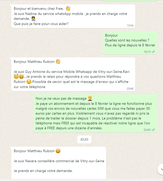 MatthieuRubion's tweet photo. @free   
Mon fils n'a plus de ligne téléphonique suite nouvelle SIM le 8 février et FREE nous invite à patienter ! Ca fait 1 mois que j'appelle le 3244, le WhatApps et même en boutique, mais incompétence complète de @freemobile pour rétablir notre ligne.. @Xavier75 au secours ! https://t.co/X7kzu7Jn2y