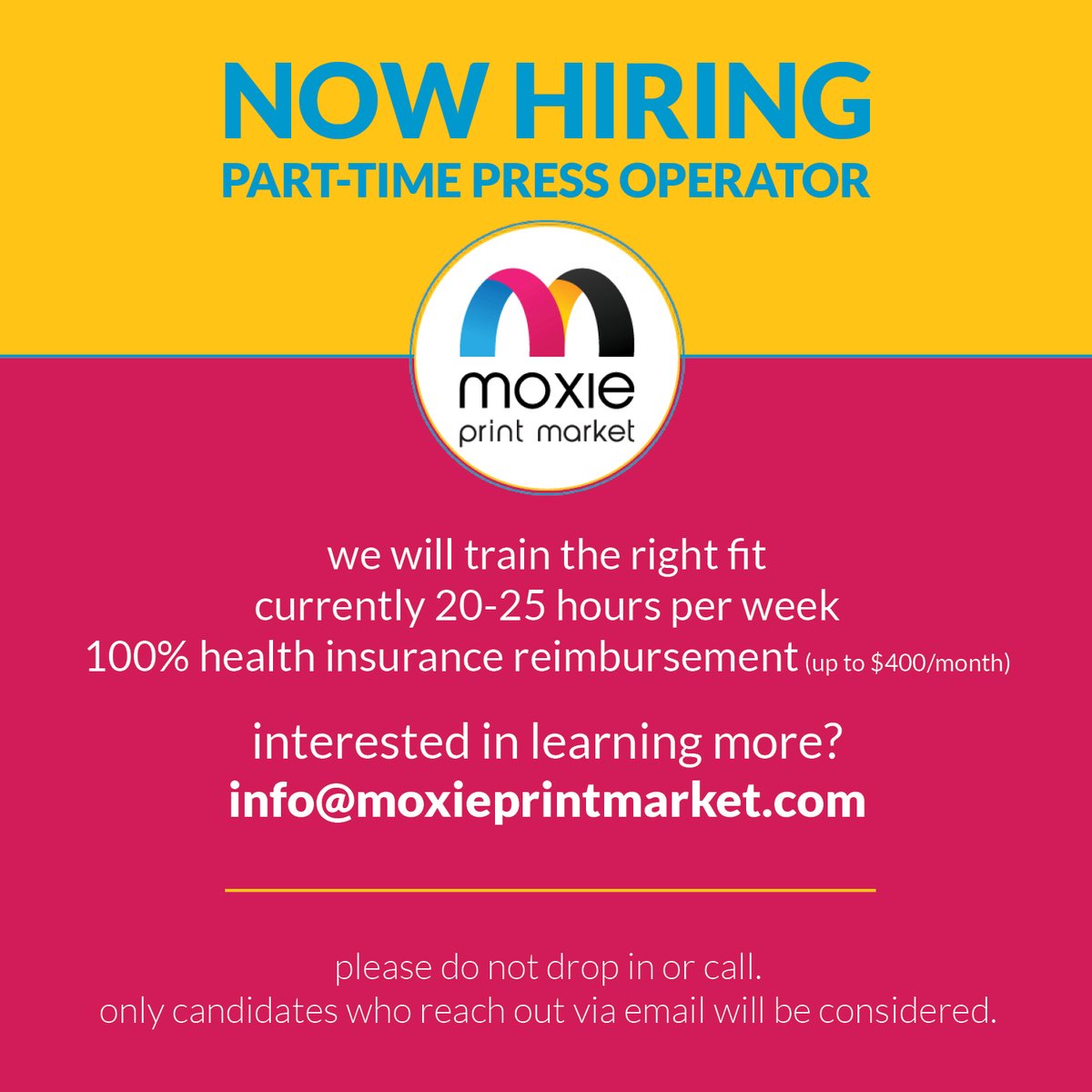 Now hiring a part-time press operator. Hours are Tues-Fri, 10am-5pm. No experience necessary. We will train the right fit! Email us: info@moxieprintmarket.com.
#nowhiring #printshop #womanownedbusiness #smallbusiness #local #nashville #graphicdesign #printing #learnatradegetpaid