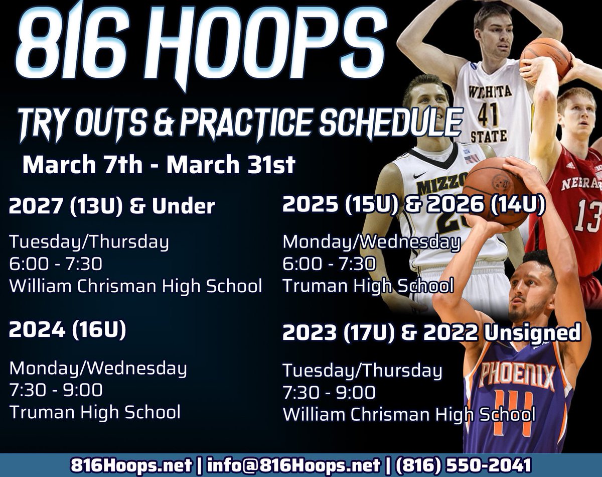 816Hoops's tweet photo. TRYOUTS ARE HERE!

✅ Over 300 college scholarships
✅ 5 players this year on DiRenna watch list
✅ 9 professional players
✅ First round NBA draft choice

Bring a ball &amp; a friend.  Try outs are free &amp; registration will be done at the door. We look forward to seeing you all soon! https://t.co/RouVw3qPGG