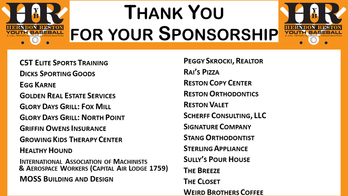 HRYB_Baseball's tweet photo. So many wonderful companies have returned to sponsor our awesome league AND we have added a number of NEW sponsors!! Thank you so much for all of your support of @HRYB_Baseball !!! https://t.co/i2mB64Zysn