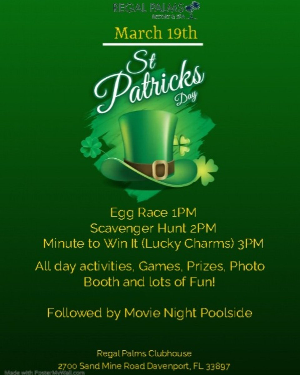 RegalPalmsClub's tweet photo. Join Us March 18th, For Our St. Patrick's Day Events 🎩
All Day Activities, Movie Night and Our Scavenger Hunt!
May the Luck of The Irish Be With You 🍀 https://t.co/GJkX4RGp63