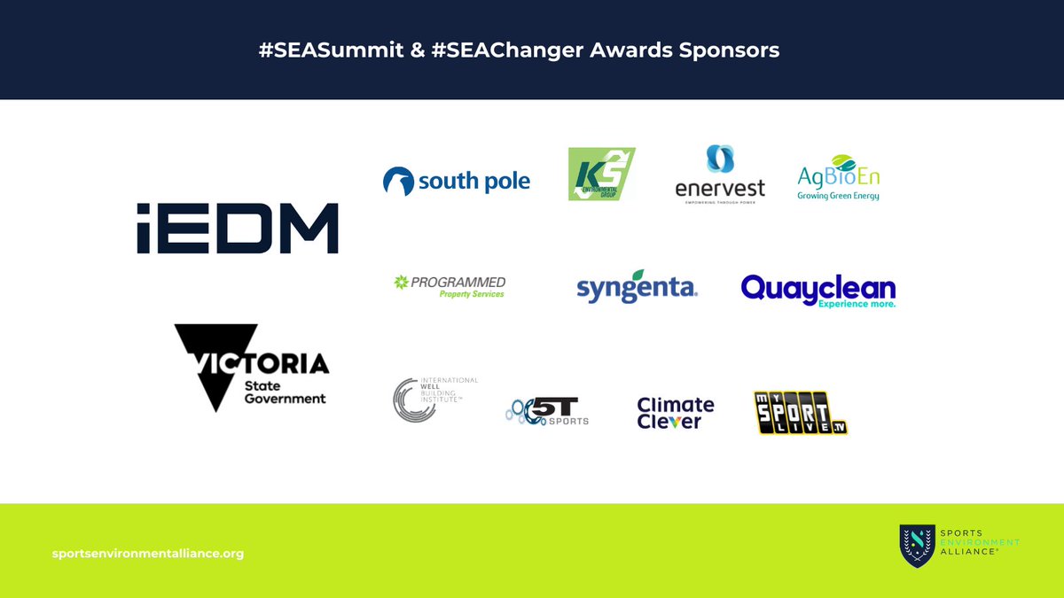 SEA_theChange's tweet photo. Thank you Victorian Government (@sportandrecvic), @mysportlive, Quayclean, @Climate_Clever, @WELLcertified, @SyngentaTurfANZ, iEDM, AgBioEn, @southpoleglobal, KS Envronmental, Enervest, @ProgrammedGroup, &amp; @5TSports for their support at our #SEASummit &amp; #SEAChanger Awards. https://t.co/hPviMY9Dad