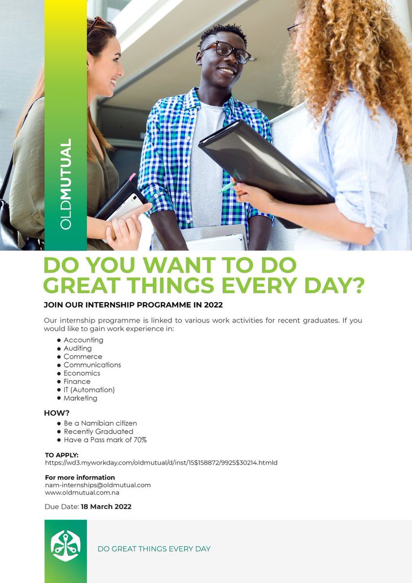 namibian_opp's tweet image. Join Old Mutual by applying for the 2022 Internship Programme and #DoGreatThingsEveryDay!
Apply now by following the link lnkd.in/dKEiczri
#OldMutualNamibia #InternshipProgramme #JobSearch #InvestInYourFuture