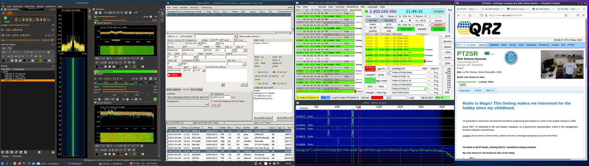 robhn's tweet image. Software side of my QO100 station for Dig modes: Linux DragonOS focal @cemaxecuter, SDRAngel (TX and RX SDRBlade), JTDX, CQRLOG @PetrHlozek.