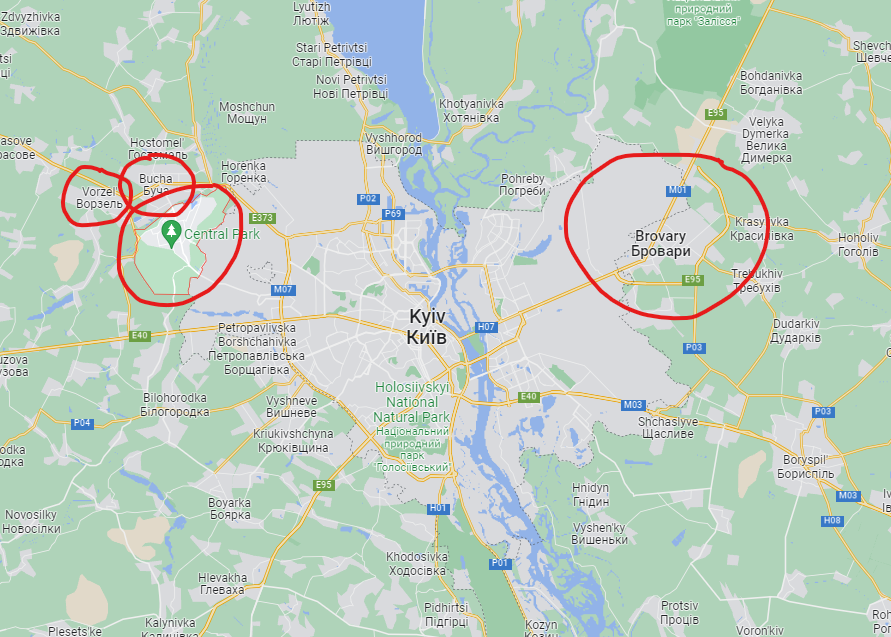 gbazov's tweet photo. 2—#KIEV Front—On Kiev front, fighting continues in #Bucha, #Vorzel, &amp; #Irpen, to northwest of the city. There are reports of a column of #Russia|n forces between #Brovary &amp; #Priluki.There are also unconfirmed reports about #RF forward reconnaissance units entering #Borispol. 2/11 https://t.co/OSjmc5tcVG