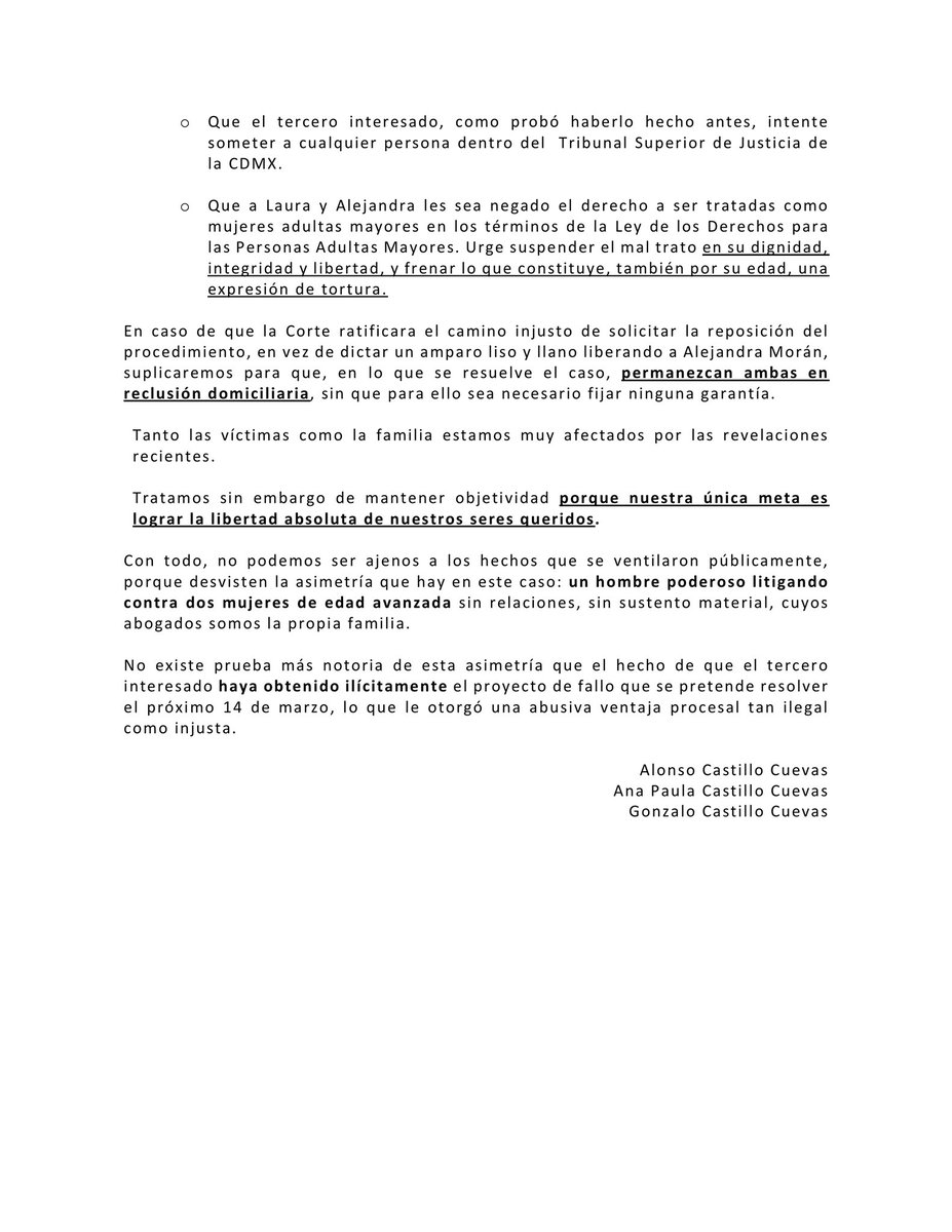 A la opinión pública:

Dos mujeres adultas mayores víctimas de un tercero, hombre poderosísimo que tiene a nuestra familia viviendo una situación muy dolorosa. 

Aquí posicionamiento respecto de la revelación del viernes pasado en voz de Alejandro Gertz Manero.