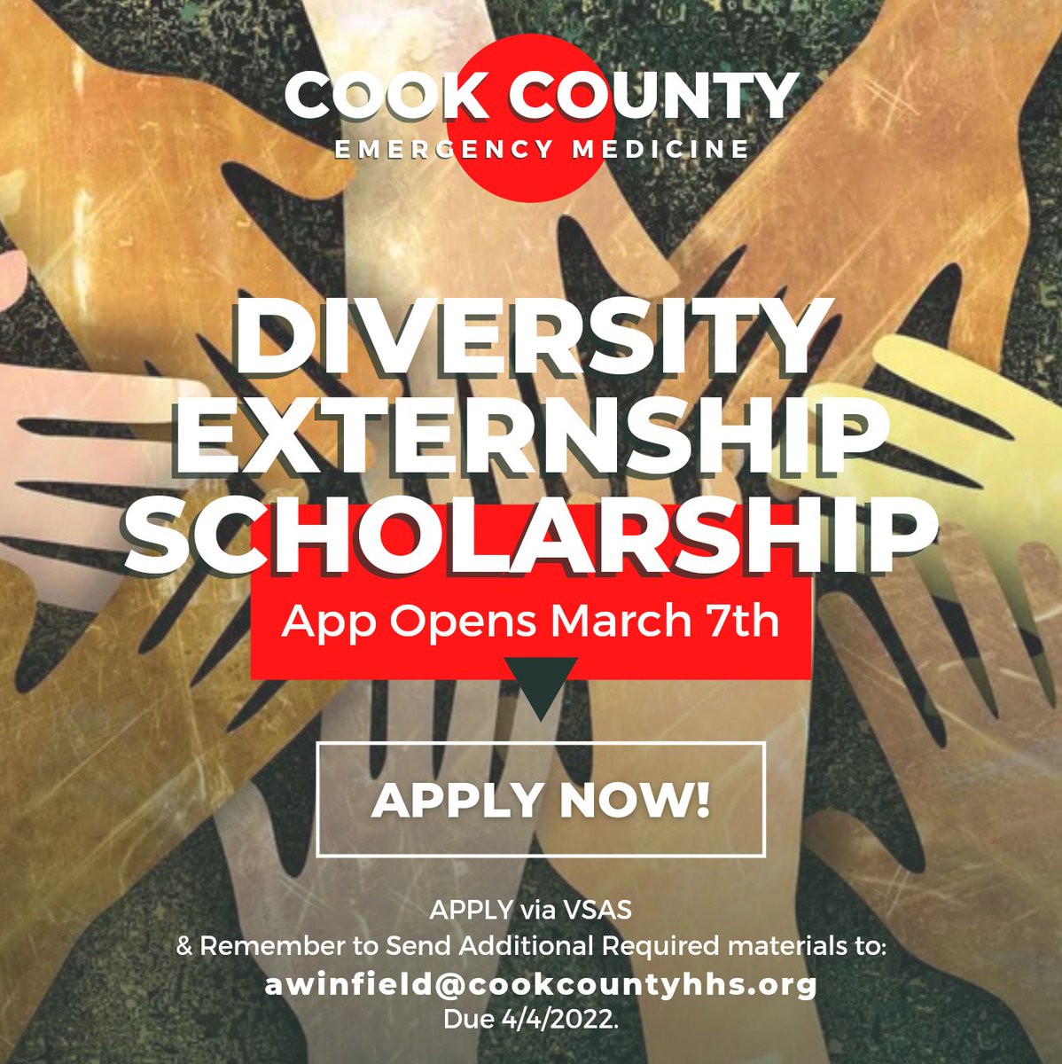 CookCountyEM's tweet photo. Applications for #CookCounty's Diversity Externship Scholarship open on VSAS tomorrow, March 7th (app due April 4th)! We can't wait to hear from you all. https://t.co/27yeWjPmR2