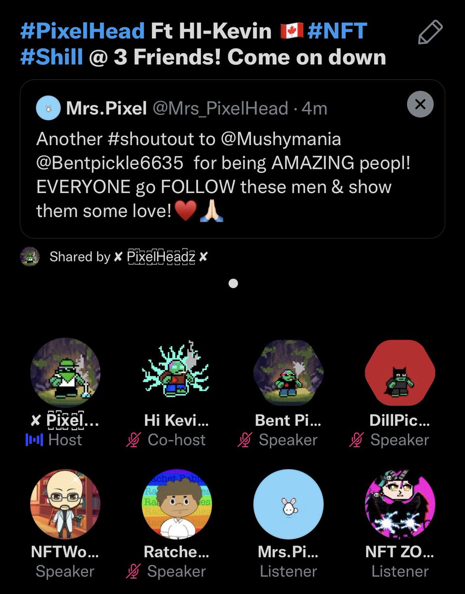 HiKevinNFT's tweet photo. @Bentpickle6635 @Mushymania @PixelHeadzHQ 
Pixel fam and the boys showing love with the pfps #kevintakeover https://t.co/PQRowmBY6R