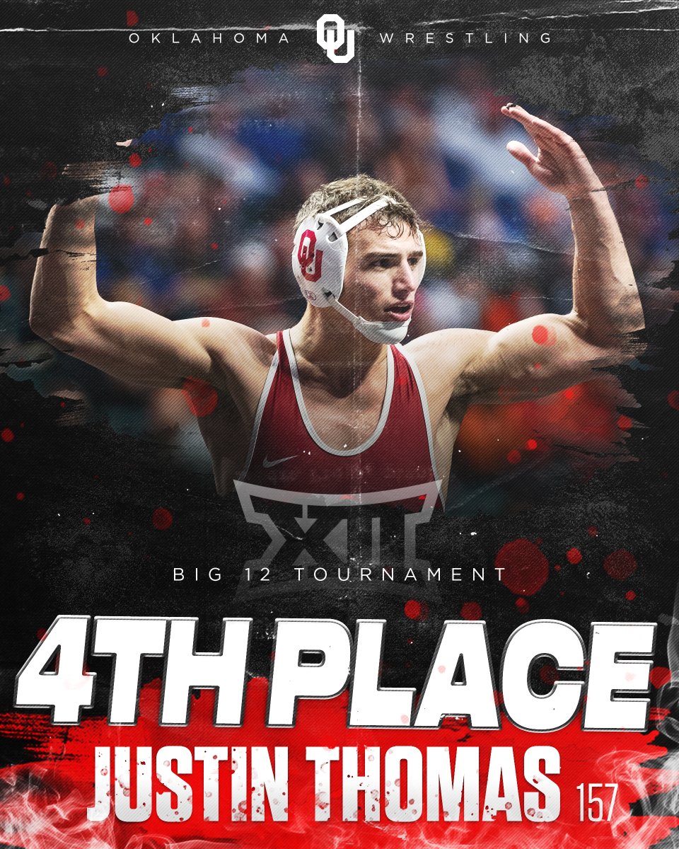 OU_Wrestling's tweet photo. Sixth-year senior @justin_thomass made the most of his final Big 12 Championship, riding two upset dubs to a 4⃣th place finish to earn his 4⃣th trip to NCAAs! 

#Sooners | #Big12WR https://t.co/5UZ1ovvw09