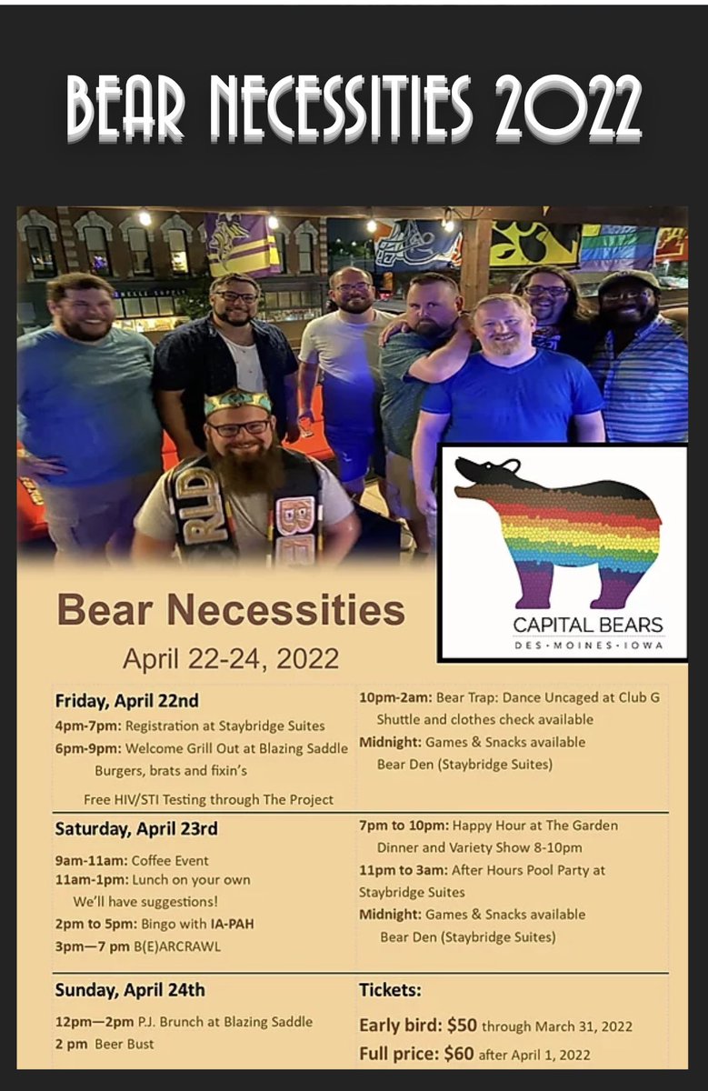 Come spend a wonderful weekend with The Capital Bears. Passes are on sale now at capitalbears.org/bn22 #DSMbears #GayBear #CapitalBears