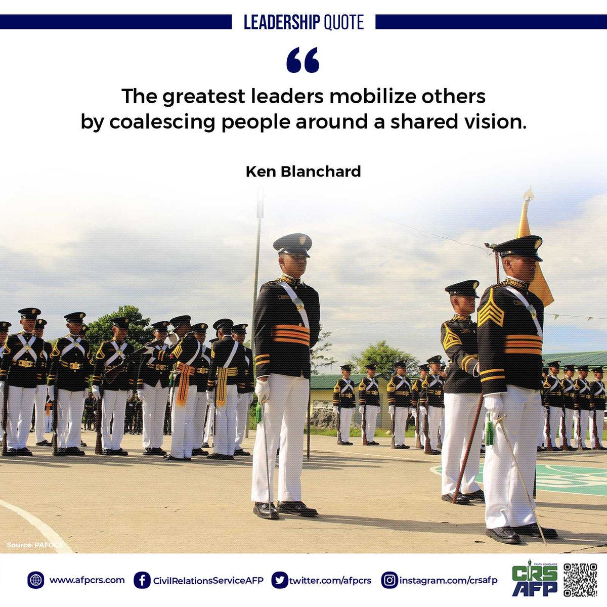 AFPCRS's tweet photo. A magnificent vision articulates people's hopes and dreams, touches their hearts and spirits, and helps them see how they can contribute. Thus, vision and direction are essential for greatness.
#AFPyoucanTRUST #ArmyOCS #SupportROTC #JoinROTC | https://t.co/5VV3nilROo https://t.co/cgjG8yezDv