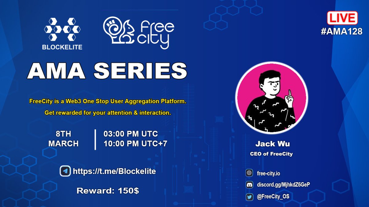 #AMA128 Blockelite x FreeCity on 8th March at 03:00 PM UTC I 10:00 PM (UTC+7)

Total Reward: 150$

Rules:
1. Detail: t.me/Blockelite/226…
2. Follow <a href="/blockelite/">BlockElite Group</a> &amp; <a href="/FreeCity_OS/">FreecitY_Official</a>
3. Join: discord.gg/MjhkdZ6GeP
4. Like, retw, ask max 3 questions each person