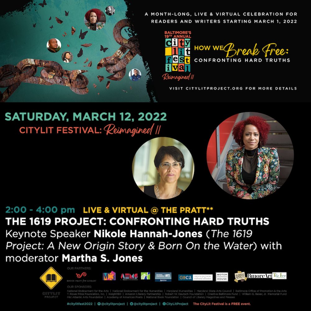 CityLit Project (@citylitproject) on Twitter photo We are so pleased to bring <a href="/nhannahjones/">Ida Bae Wells</a>, creator of The 1619 Project, as our 19th Annual CityLit Festival keynote speaker!
This event will be held live, Saturday 3/12 at the <a href="/prattlibrary/">Pratt Library</a>. Seating is limited! Reserve yours by registering here 👇🏿
citylitproject.salsalabs.org/clf22keynote/i… We are so pleased to bring <a href="/nhannahjones/">Ida Bae Wells</a>, creator of The 1619 Project, as our 19th Annual CityLit Festival keynote speaker!
This event will be held live, Saturday 3/12 at the <a href="/prattlibrary/">Pratt Library</a>. Seating is limited! Reserve yours by registering here 👇🏿
citylitproject.salsalabs.org/clf22keynote/i…