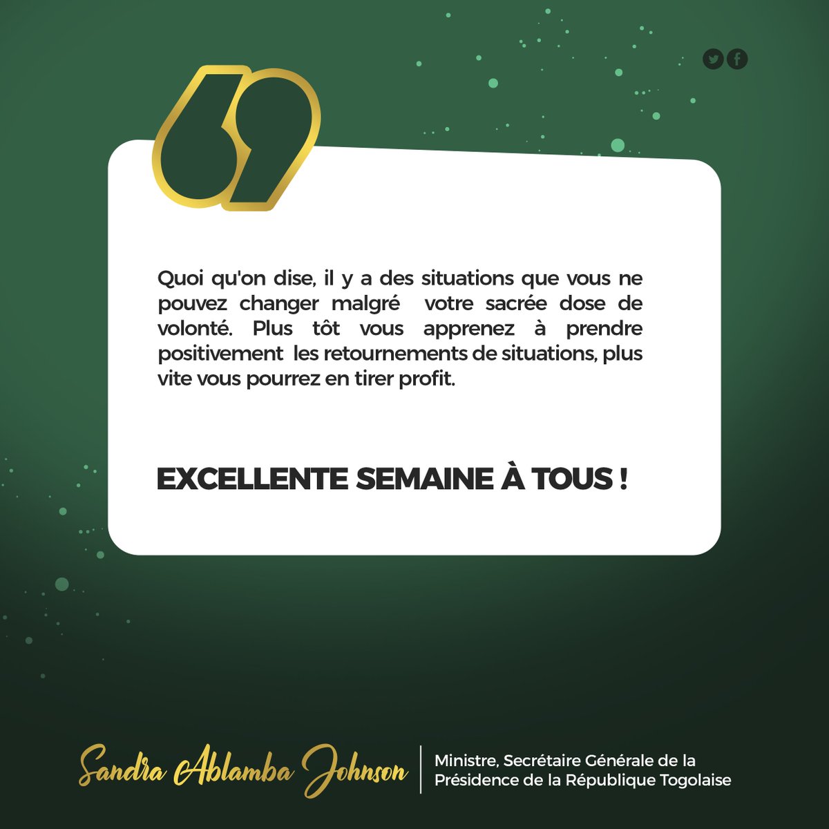 SandraA_JOHNSON's tweet photo. Quoi qu'on dise, il y a des situations que vous ne pouvez changer malgré votre sacrée dose de volonté. Plus tôt vous apprenez à prendre positivement les retournements de situations, plus vite vous pourrez en tirer profit.

Excellente semaine à tous ! https://t.co/BpAVYILyY8