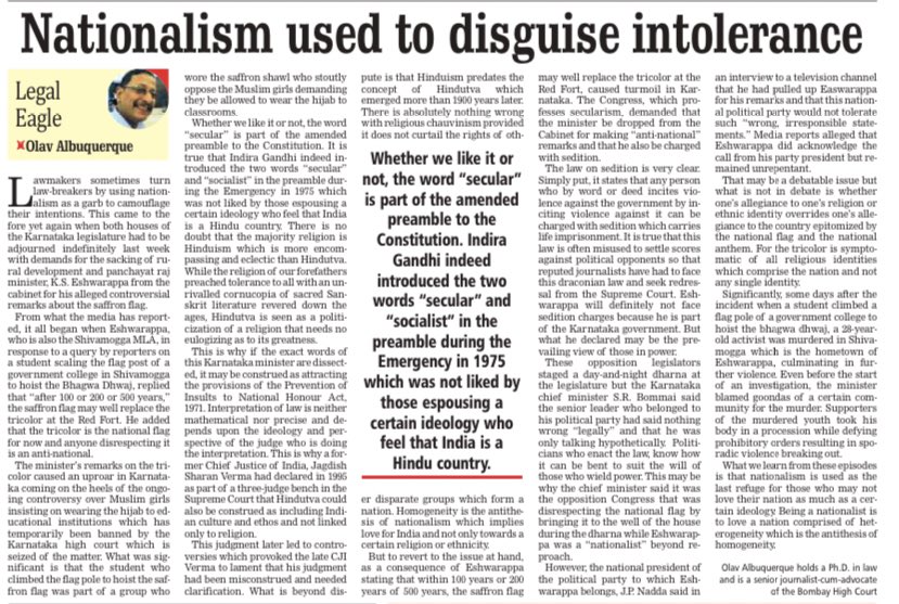 fpjindia's tweet photo. #FPJEdit: #Nationalism used to disguise intolerance
@DrOlavAlbuquer1 (Olav Albuquerque)
#News #India #Editorial
Read more: https://t.co/1V6g7qanvf https://t.co/mepQuwS4lW