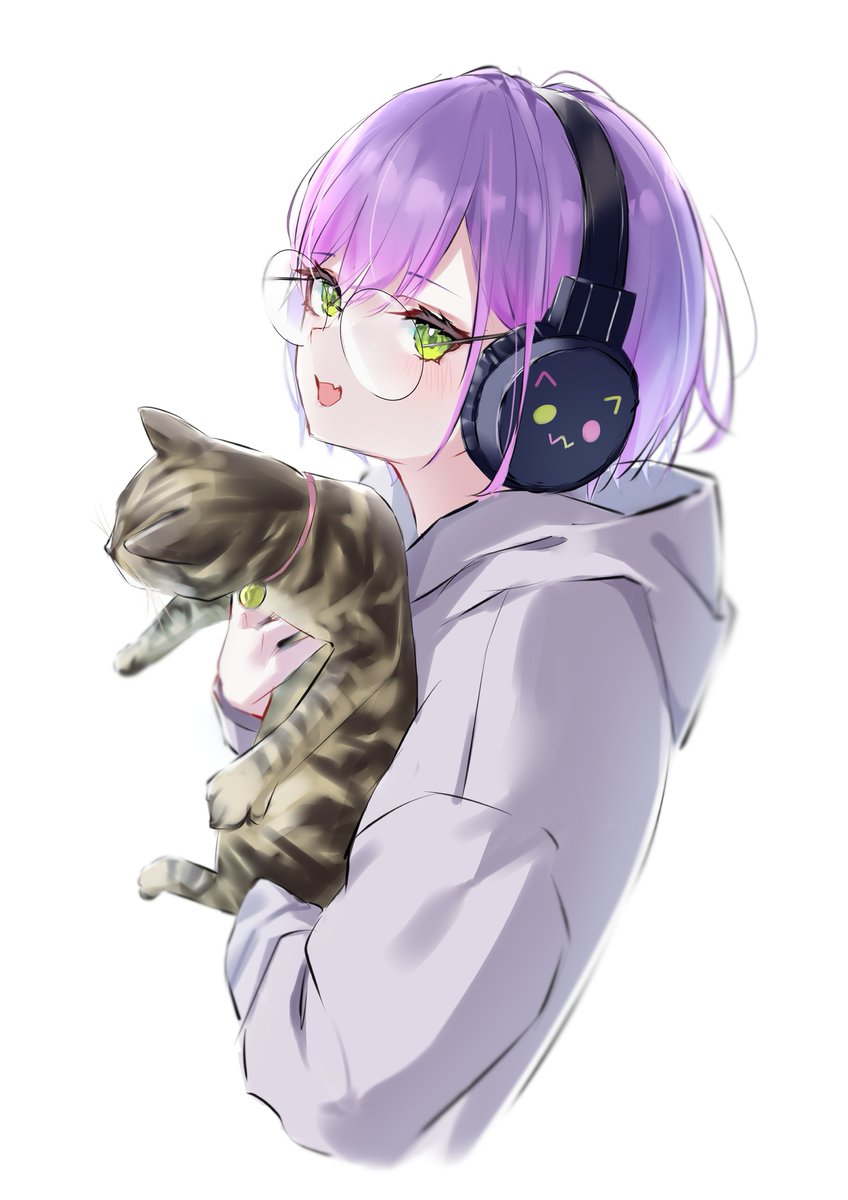 tokoyami towa 1girl green eyes holding animal cat headphones hood glasses  illustration images