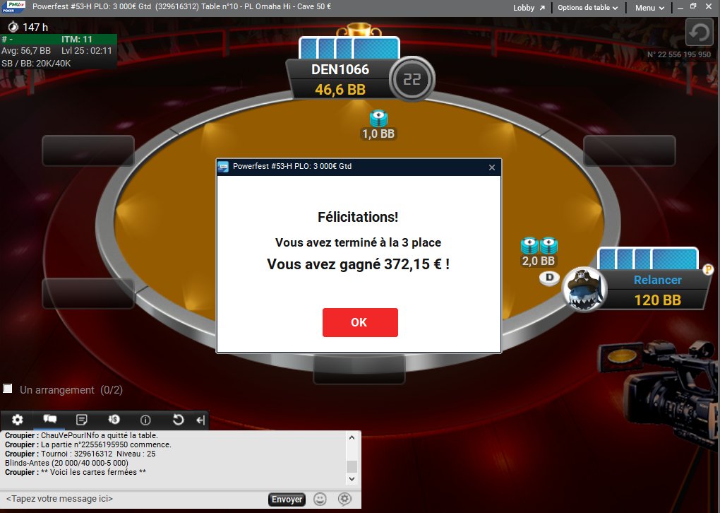 LoicXans's tweet image. 4ème TF PLO High en 5 jours de #powerfest 🔥 Et 4ème fois proche du titre 😤😭 On a fait honneur en direct sur @PMU_Poker mais on cherche toujours le trophée ! Demain on recommence !