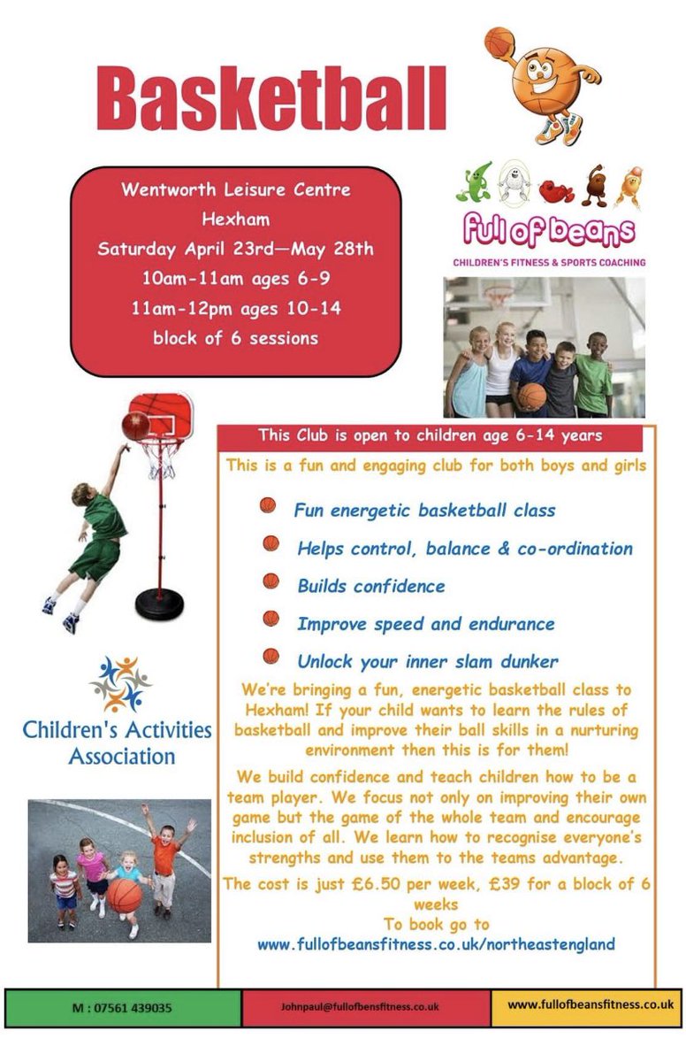 FOBNorthEast's tweet photo. 🏀 We are so happy to be bringing BASKETBALL coaching to Hexham for children aged 6 to 14 years 🏀
Saturday mornings at Wentworth Leisure Centre starting 23rd of April. To book a 6 week block please click the link below.
https://t.co/u79olGiQ6v
#basketball #kidsactivities #fun https://t.co/LWOmftjX7Y