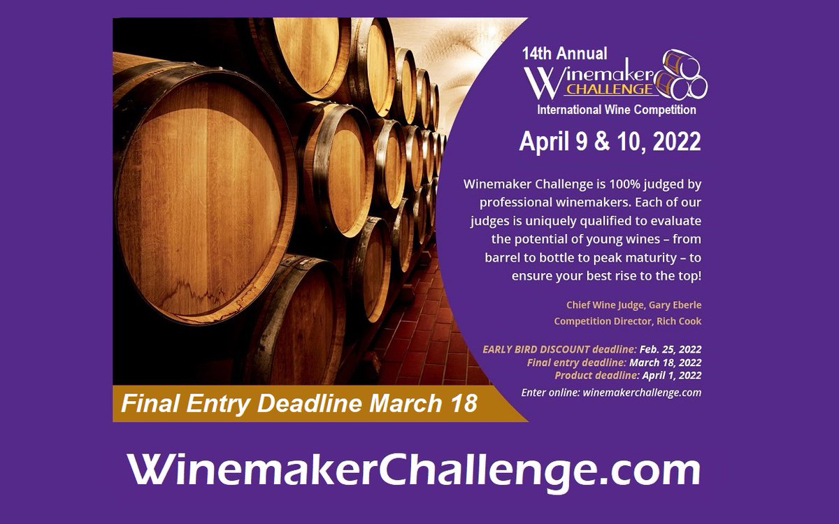 WinemakerChall's tweet photo. Winemaker Challenge International Wine Competition is next month, April 9 &amp; 10.  
Please enter now at https://t.co/KLuq1AKSs5 
 #WinemakerChallenge #WineCompetition https://t.co/sofk5V2HE6