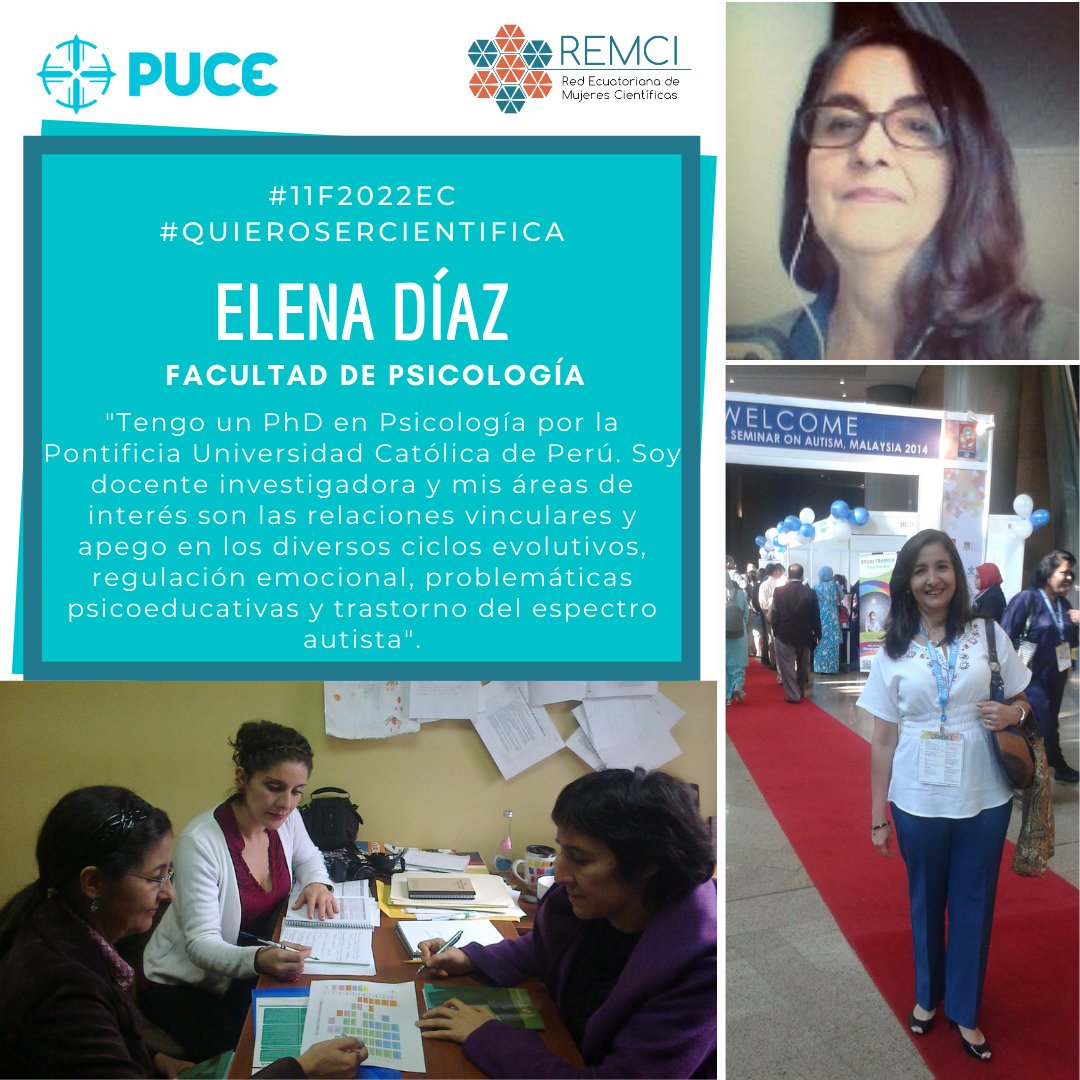 CientificasPUCE's tweet photo. #Hoy: Elena Díaz coordina la Maestría en Psicología con Mención en Evaluación e Intervención Psicoeducativa. Se interesa en las relaciones vinculares y apego en los diversos ciclos evolutivos, regulación emocional, problemática psicoeducativa y espectro autista ✍🧠👩🏻‍⚕‍👩🏽‍💻👨‍👩‍👧‍👦👩‍👧‍👦🤱🏻 https://t.co/SAWGrdTwJi