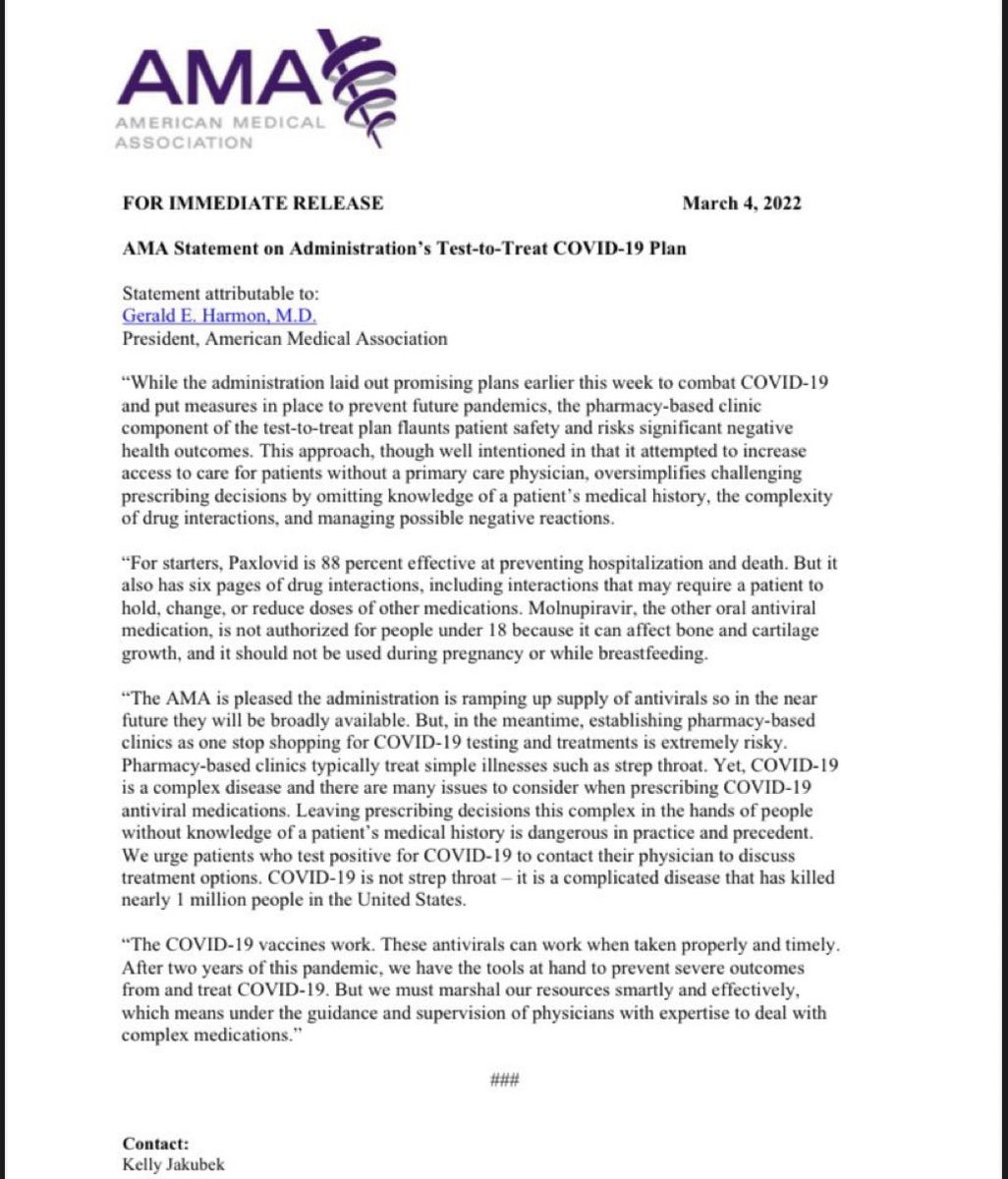 It's offensive that the AMA chose Biden's Test-to-Treat COVID-19 plan as an opportunity to double down on their "scope creep" messaging and to take a swipe at pharmacists, when in fact, it's pharmacists that are *the* experts on drug-drug interactions.