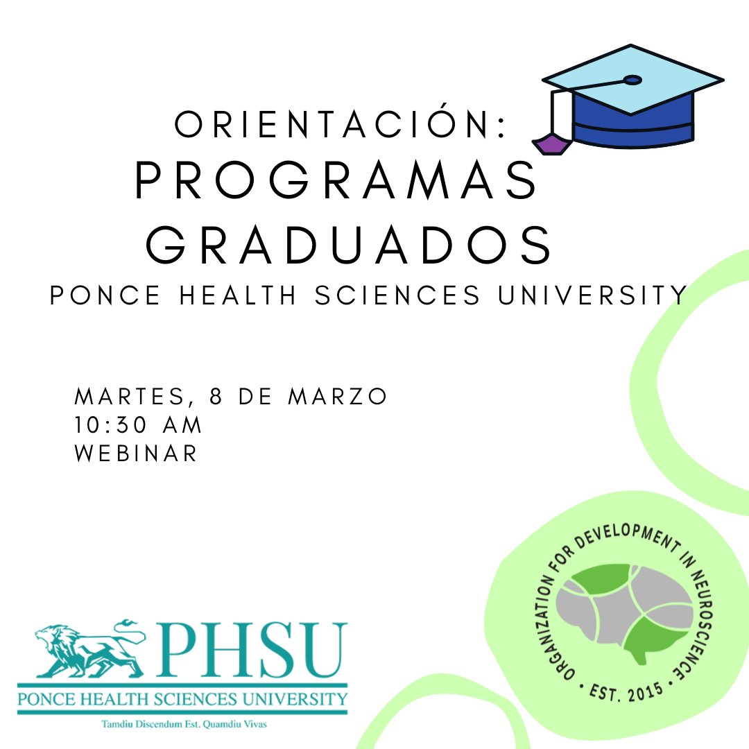 Saludos! Les deseamos una semana llena de energía y aprendizaje. De parte de Neuro-Rum les invitamos a: 

Orientación de Programas Graduados de: Ponce Health Sciences University
Martes 8 de marzo · 10:30am – 12:00pm
Webinar (pronto enviaremos el enlace)

Los esperamos 💚🤍!