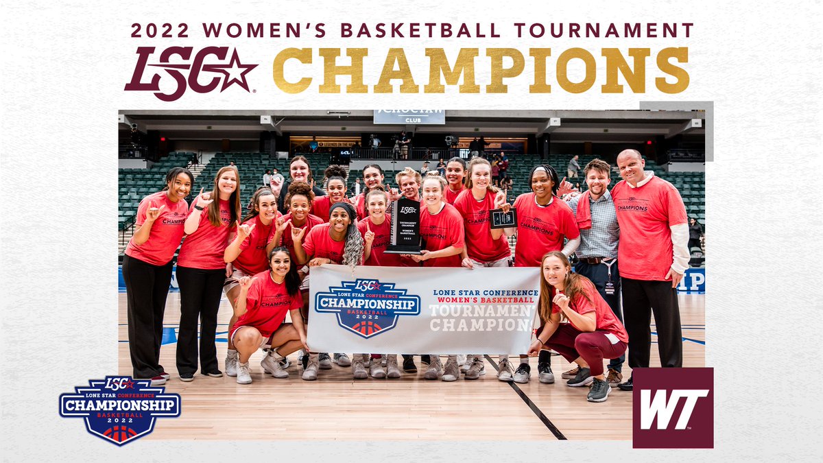 LoneStarConf's tweet photo. 🏀🏆 2022 #LSCwbb Tournament Champions 🏆🏀

@WTBuffNation wins its 1⃣st tournament championship since 2019 in a thrilling 67-66 final over Texas A&amp;M-Commerce! It is the 16th tournament title in program history. 🏆x16

Congratulations, Lady Buffs! https://t.co/LtAE3Z1hfE