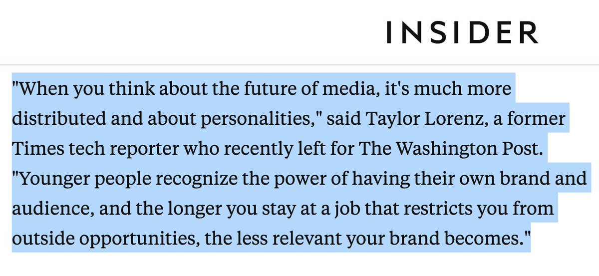 1/ Il y a un débat aux É-U, qui ne devrait pas vraiment en être un.

Taylor Lorenz, qui est au WaPo après avoir été journaliste tech au NYT, a dit que les journalistes (surtout les plus jeunes) devaient développer leur image de marque, afin de notamment se démarquer.